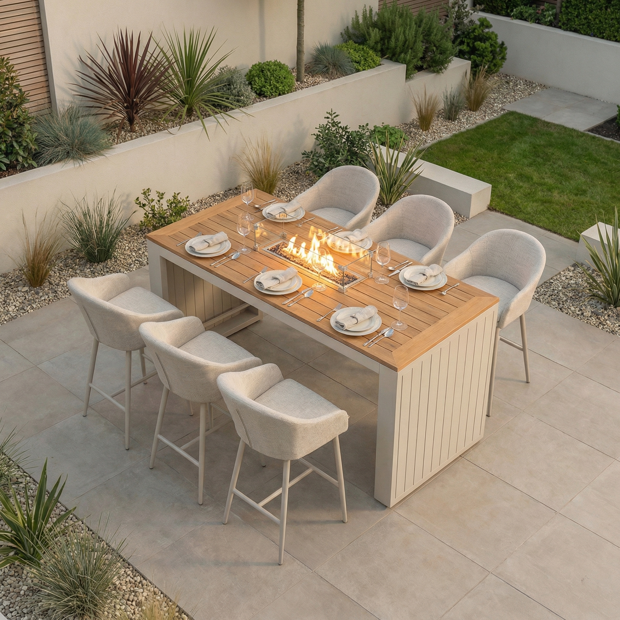 The Luna 6 Seat Outdoor Fabric Teak Firepit Bar Set in Fawn features a modern table with a built-in firepit, seating six with cushioned chairs upholstered in durable outdoor fabric.
