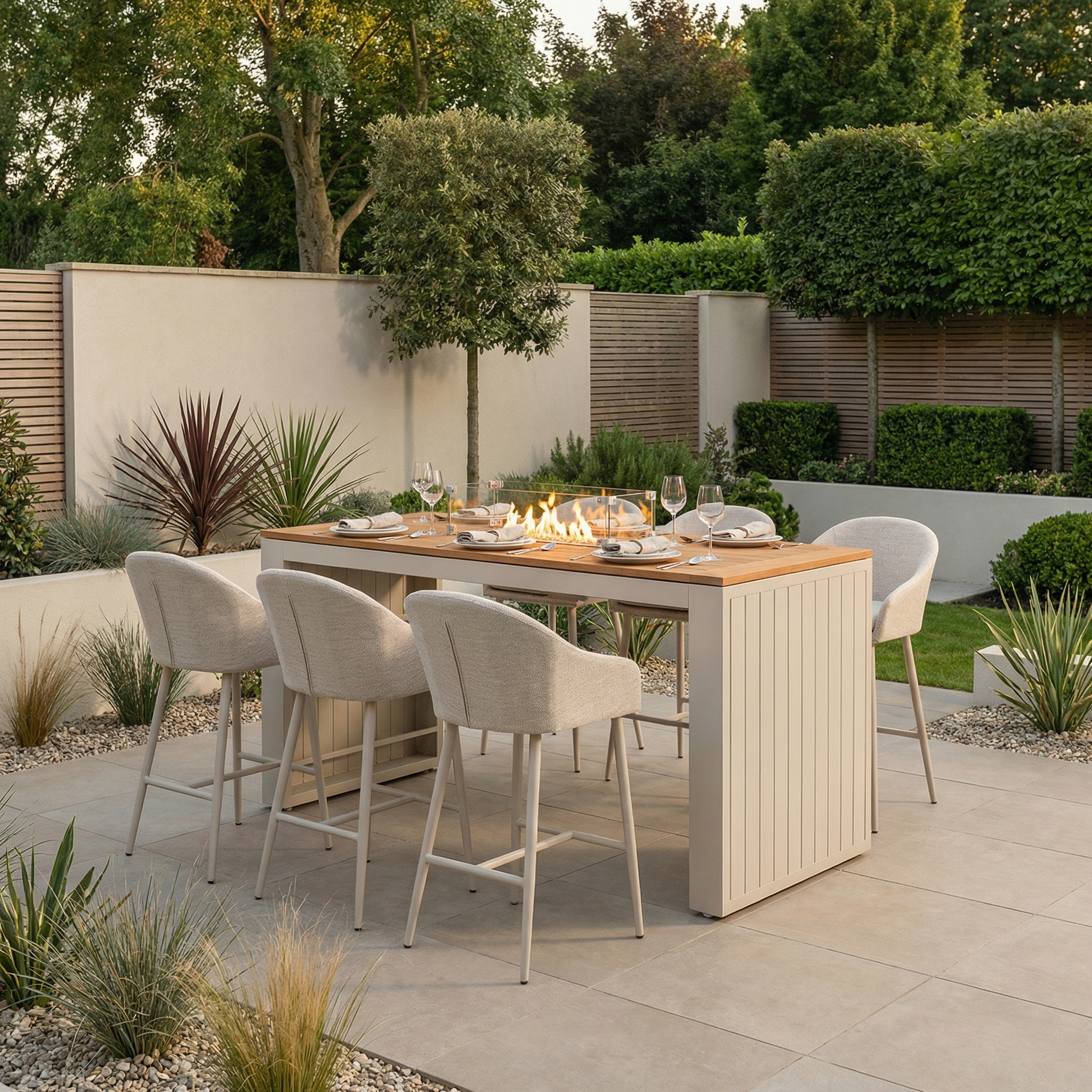 Modern outdoor dining set: Luna 6 Seat Outdoor Fabric Teak Firepit Bar Set in Fawn, featuring six all-weather chairs and a firepit table—perfect for entertaining in a landscaped garden.