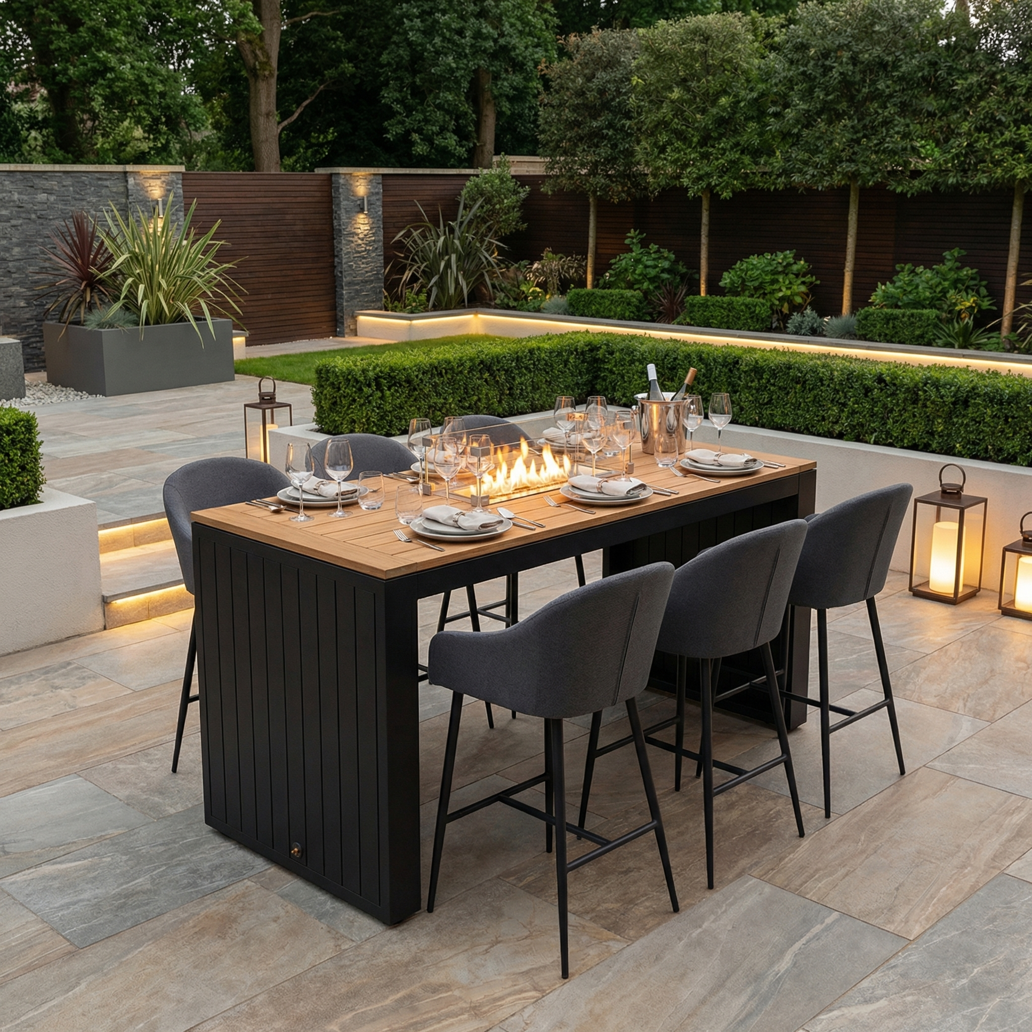 The Luna 6 Seat Outdoor Fabric Teak Firepit Bar Set in Grey features a modern all-weather table with firepit, seating for six, and stylish grey Luna outdoor fabric, perfect for relaxing in your landscaped garden.