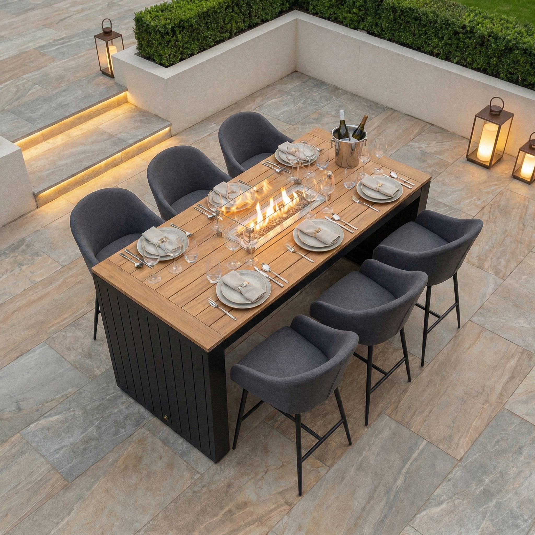 The Luna 6 Seat Outdoor Fabric Teak Firepit Bar Set in Grey offers elegant all-weather dining for six, featuring a modern teak firepit table and comfy gray chairs—perfect for stylish outdoor gatherings.