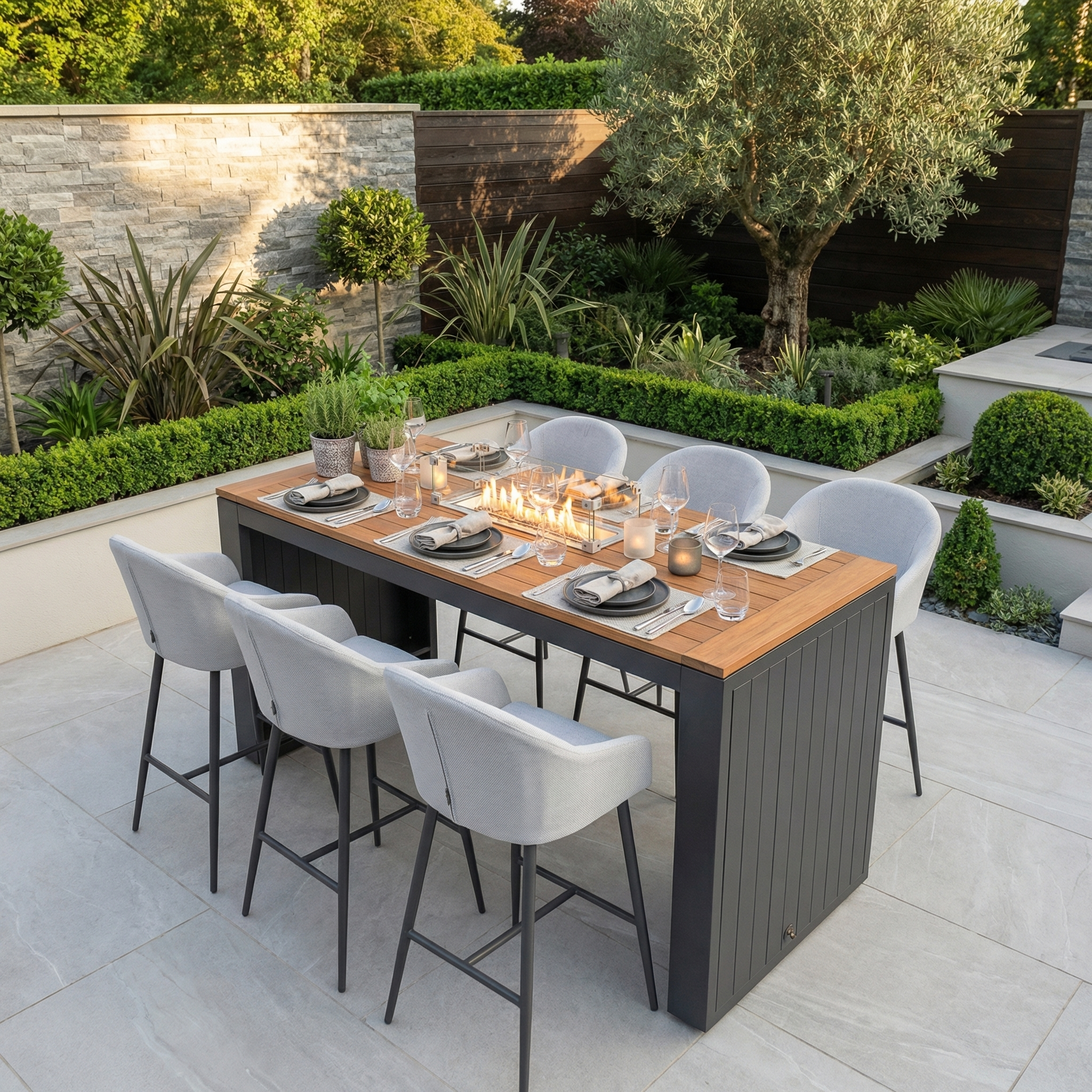 The Luna 6 Seat Outdoor Fabric Teak Firepit Bar Set in Oyster Grey is an all-weather dining set with a built-in fire feature, perfect for outdoor gatherings and stylishly complementing any lush garden landscape.