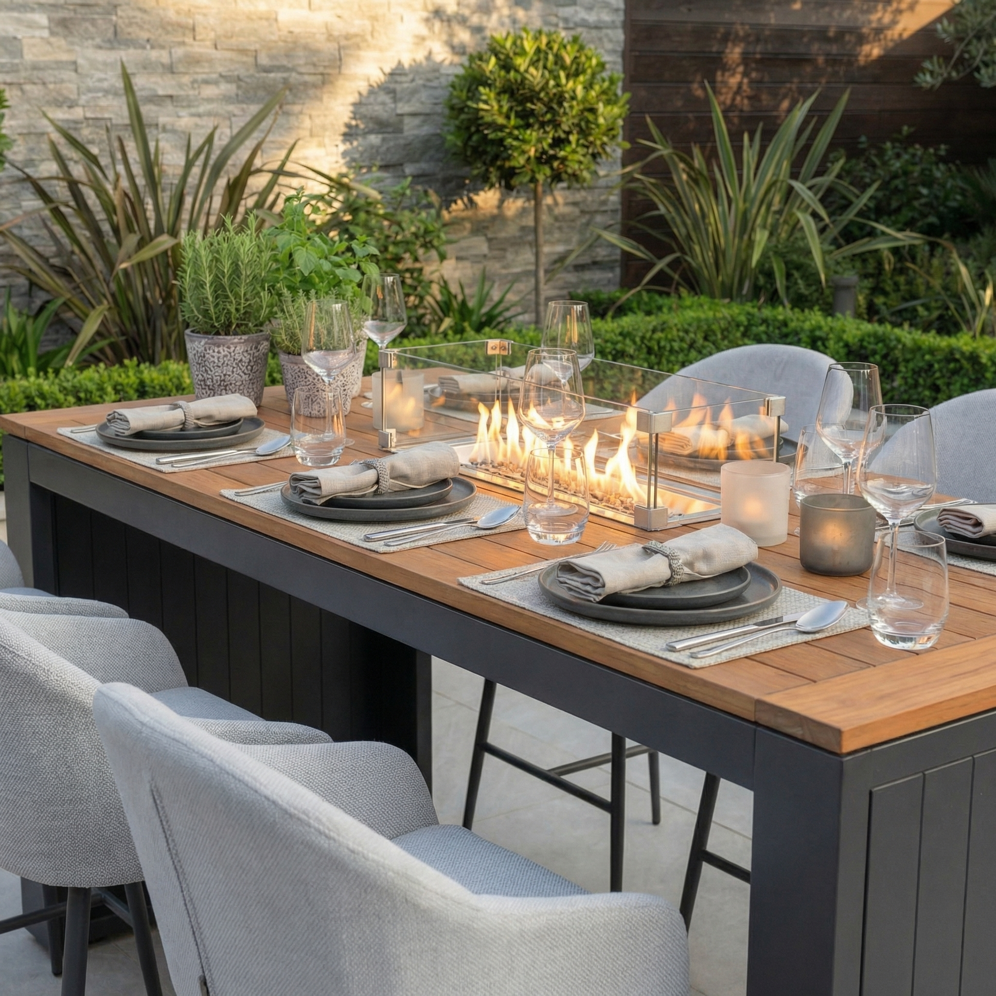The Luna 6 Seat Outdoor Fabric Teak Firepit Bar Set in Oyster Grey offers stylish all-weather outdoor dining for six, with a built-in fire feature and plush Luna cushions—perfect for entertaining amidst lush greenery.