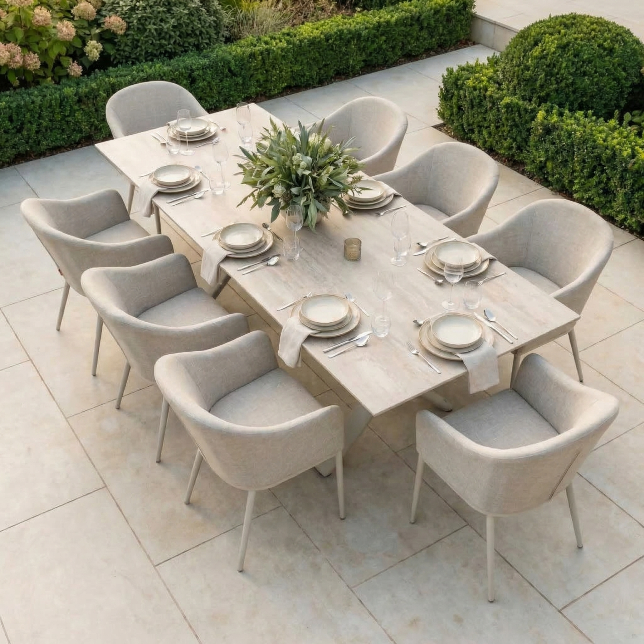 The Luna 8 Seat Outdoor Fabric Dining Set with Albatross Extending Table in Fawn features neutral chairs and is ideal all-weather garden furniture for alfresco dining.