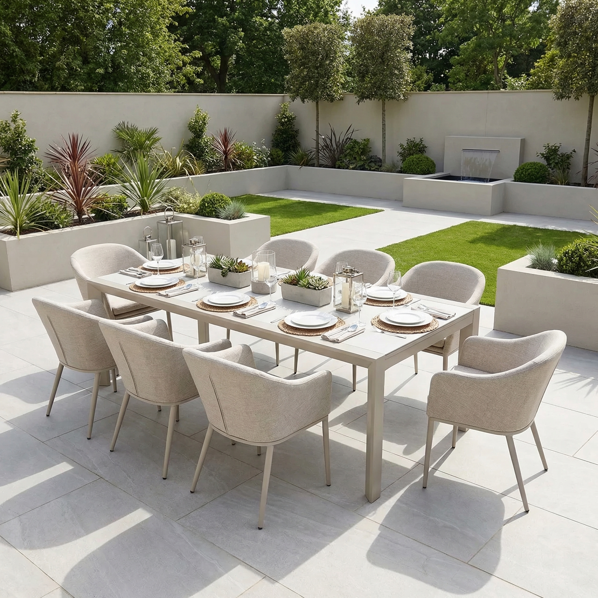 The Luna 8 Seat Outdoor Fabric Extending Ceramic Dining Set in Fawn, arranged for dining, stands stylishly in a landscaped garden bordered by lush greenery and hedges.
