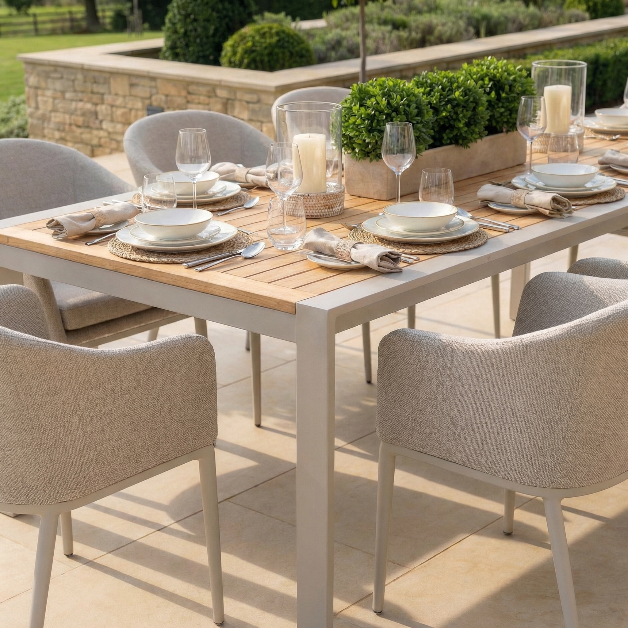 The Luna 8 Seat Outdoor Fabric Extending Teak Dining Set in Fawn features durable, neutral chairs and a spacious table—ideal for stylish all-weather alfresco dining on any patio.