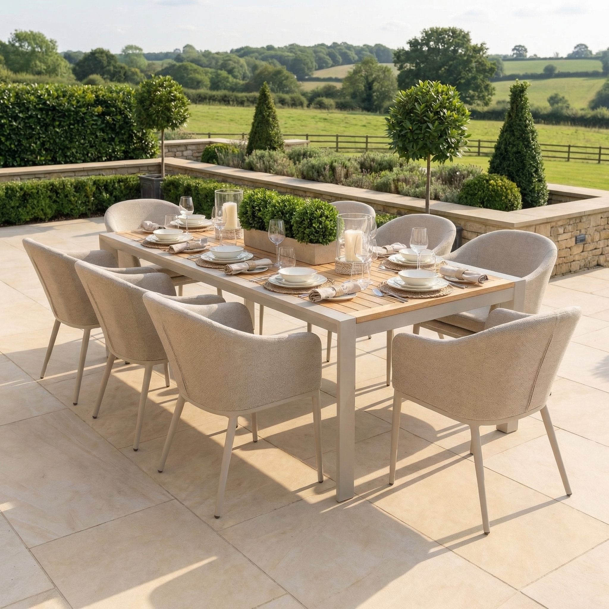 The Luna 8 Seat Outdoor Fabric Extending Teak Dining Set in Fawn is an ideal all-weather patio centerpiece, perfect for gatherings and outdoor dining overlooking scenic views.