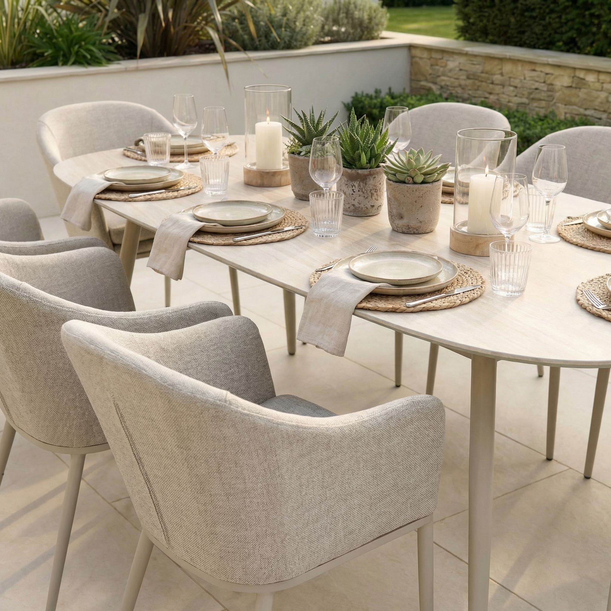The Luna 8 Seat Outdoor Fabric Oval Ceramic Dining Set in Fawn features neutral chairs and an inviting all-weather garden arrangement, perfect for dining outdoors with elegance and comfort.
