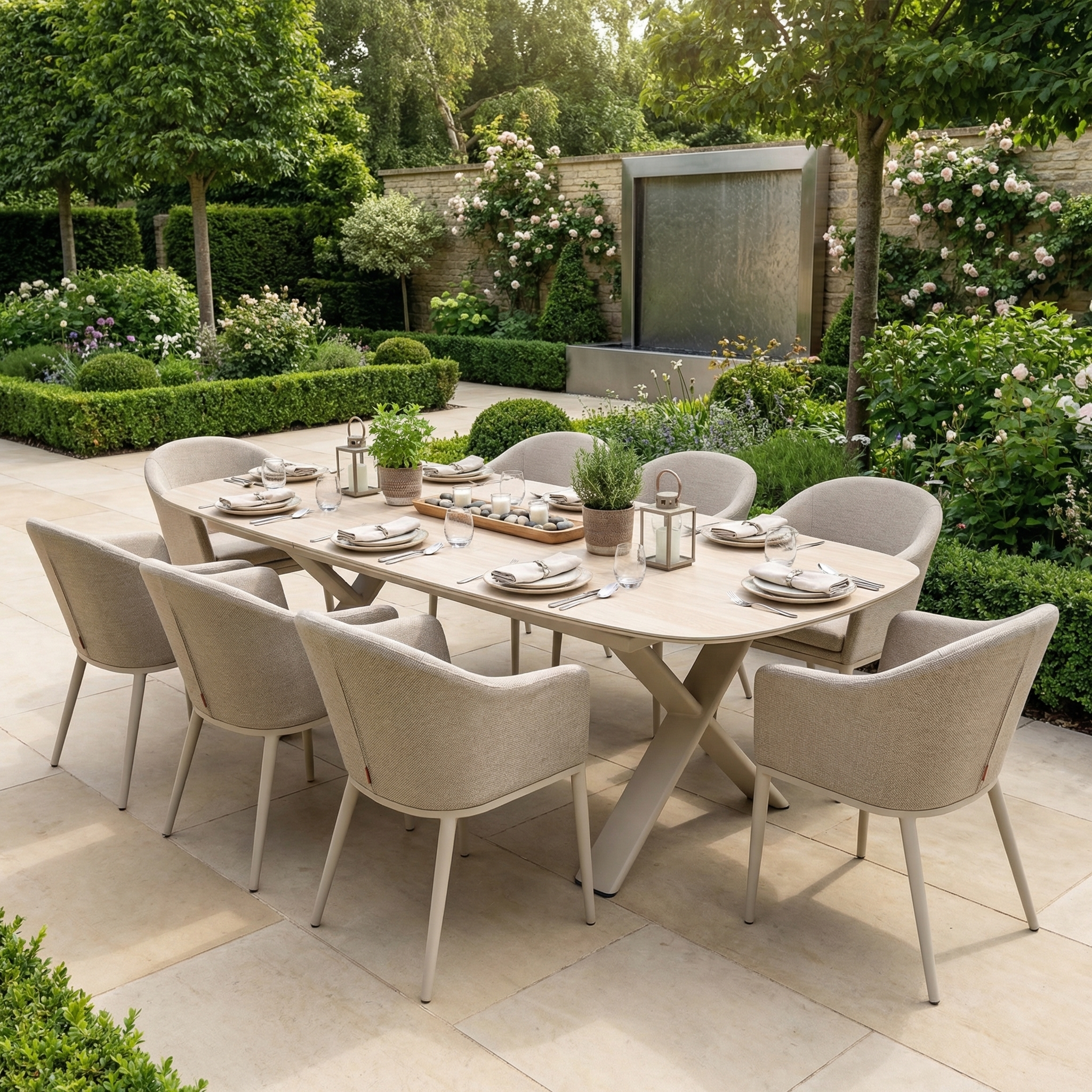 Experience the Luna 8 Seat Outdoor Fabric Oval Dining Set with Albatross Extending Table in Fawn—UV resistant and perfect for garden dining, seating eight amid lush greenery and blooms.