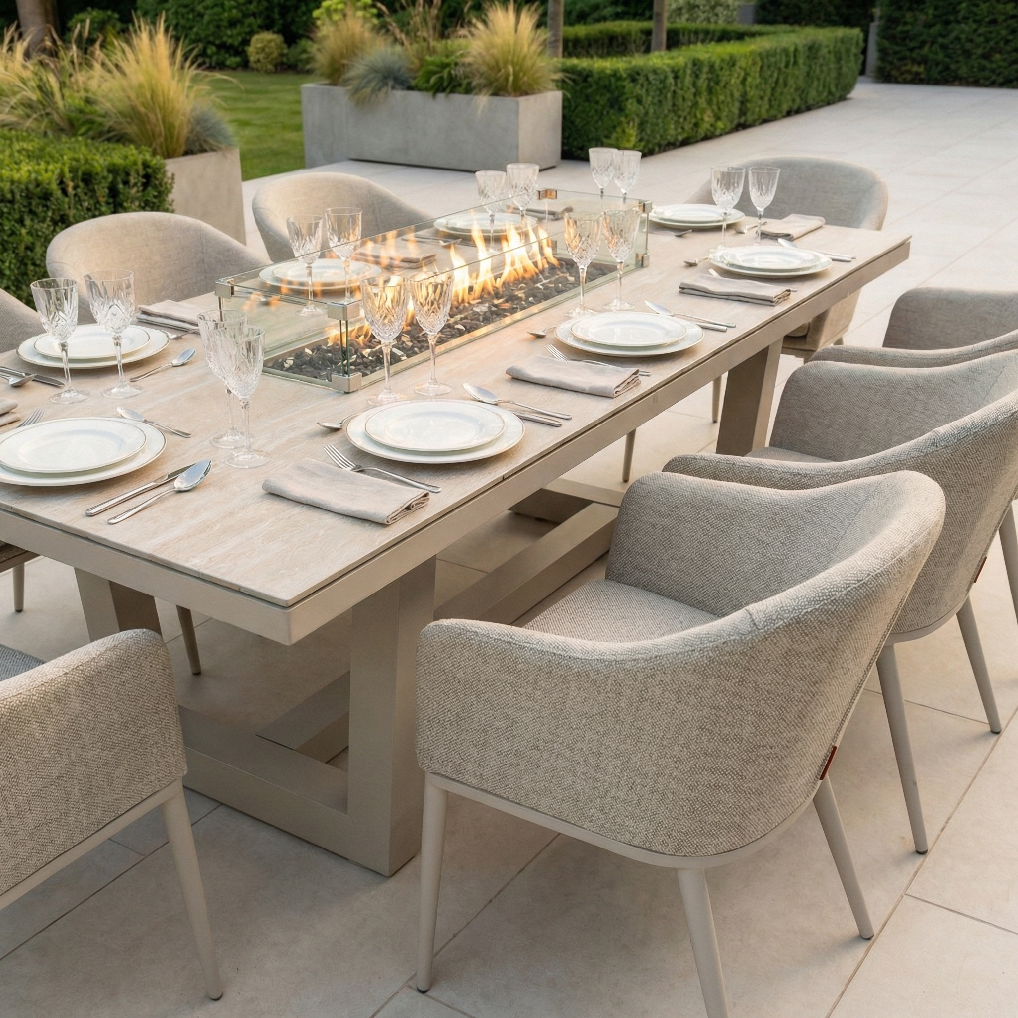 The Luna 8 Seat Outdoor Fabric Rectangular Ceramic Firepit Dining Set in Fawn offers stylish outdoor dining for eight, featuring a ceramic firepit centerpiece and durable all-weather materials for lasting elegance.