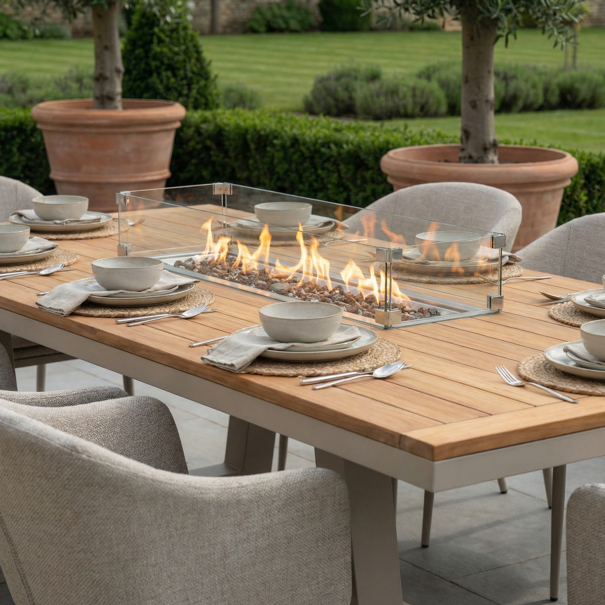 The Luna 8 Seat Outdoor Fabric Rectangular Teak Firepit Dining Set in Fawn features a teak table with a central fire feature and comfy chairs, providing the ideal all-weather setup for stylish outdoor gatherings.
