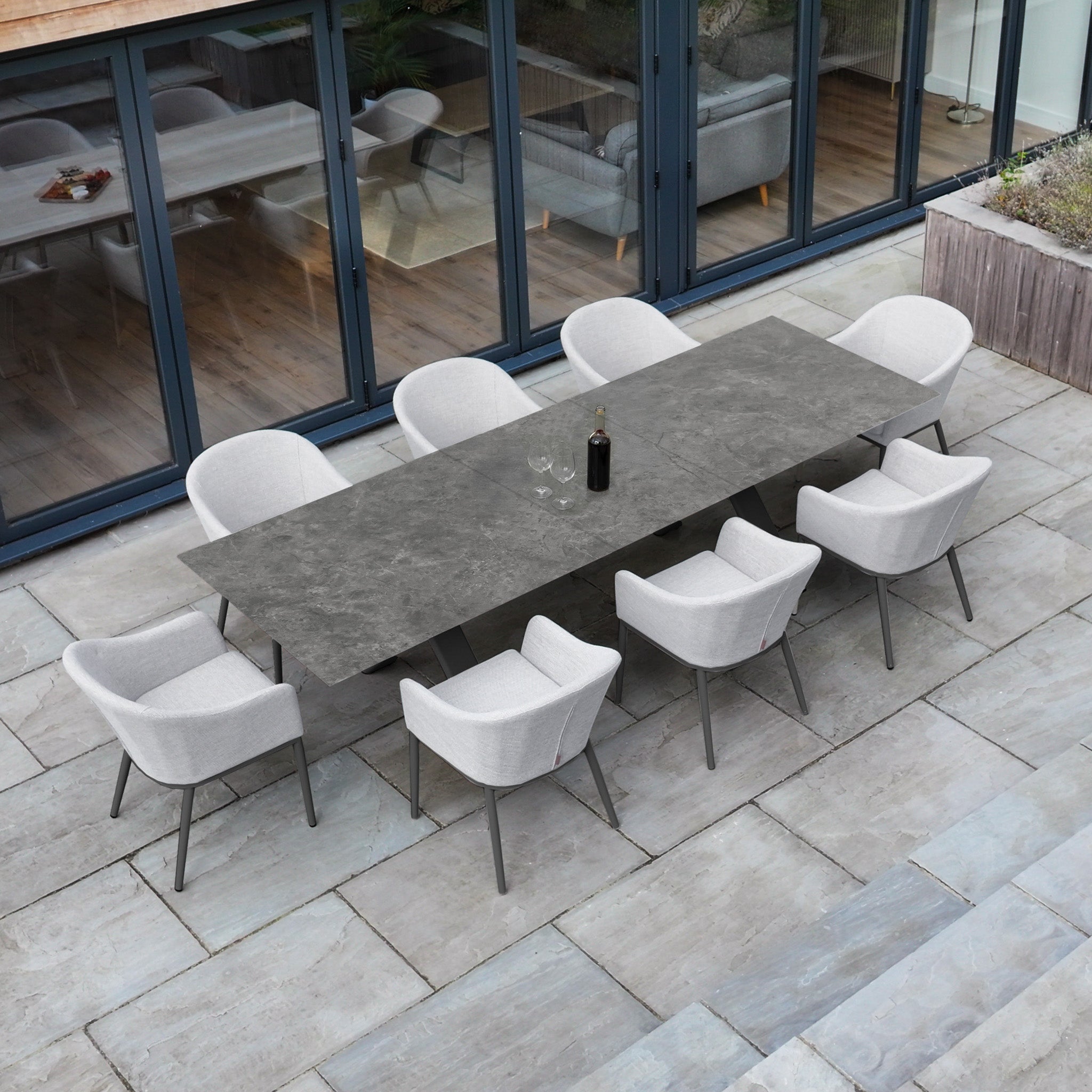 Luna 8 Seat Outdoor Fabric Dining Set with Albatross Extending Table in Oyster Grey