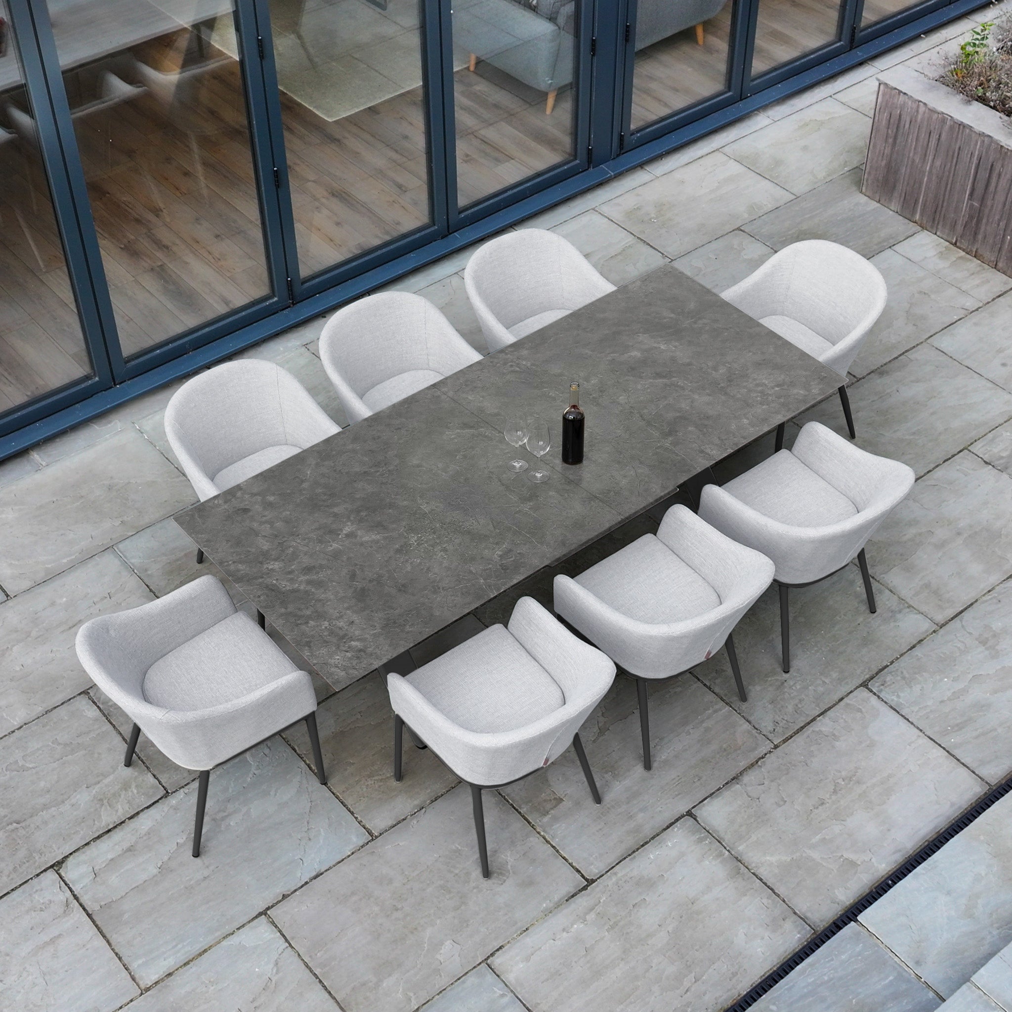 Luna 8 Seat Outdoor Fabric Dining Set with Albatross Extending Table in Oyster Grey