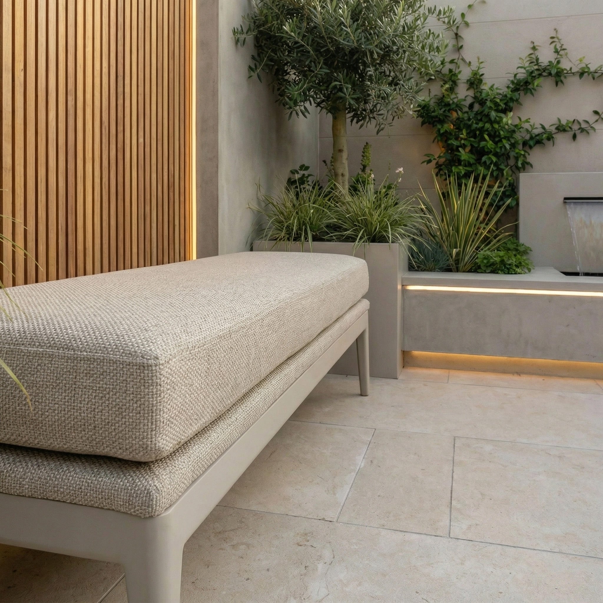 Modern outdoor patio featuring the Luna Bench in Fawn, a wooden slat wall, lush plants, and soft accent lighting for inviting outdoor seating.