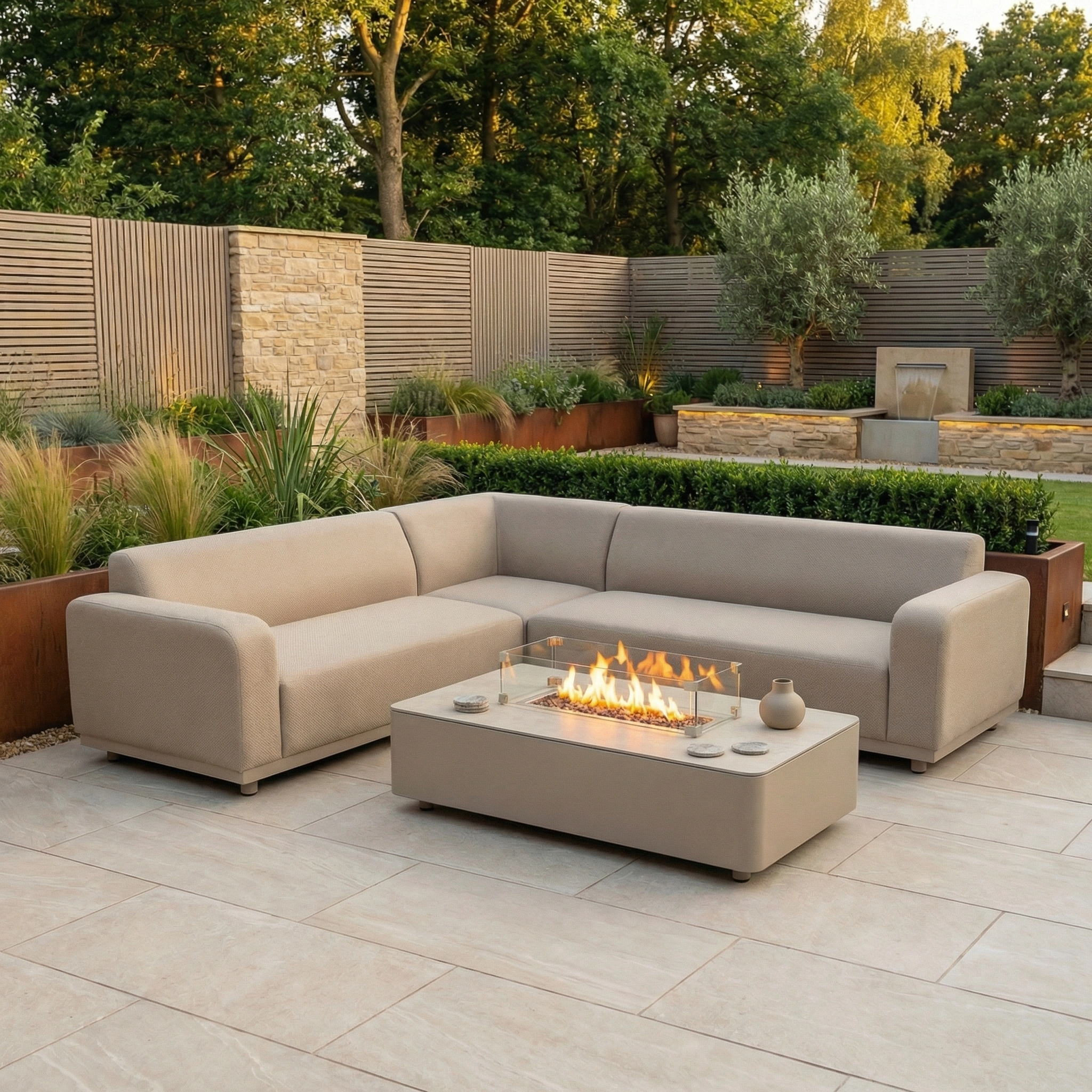 A modern patio features the Luna Outdoor Fabric Corner Sofa Set with Firepit Coffee Table in Fawn, surrounded by lush greenery.