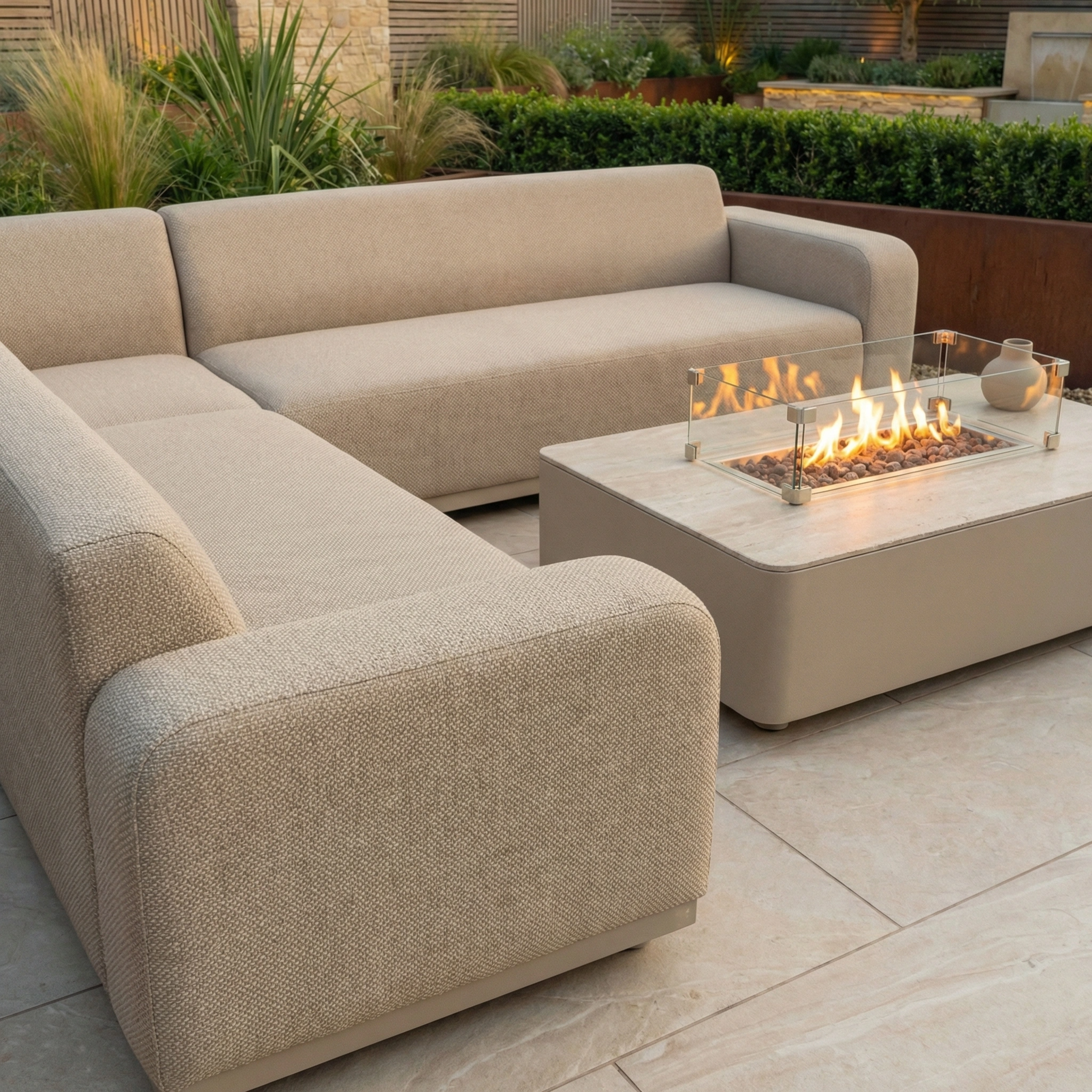 The Luna Outdoor Fabric Corner Sofa Set with Firepit Coffee Table in Fawn is arranged on a stone patio, surrounded by lush greenery and plants.
