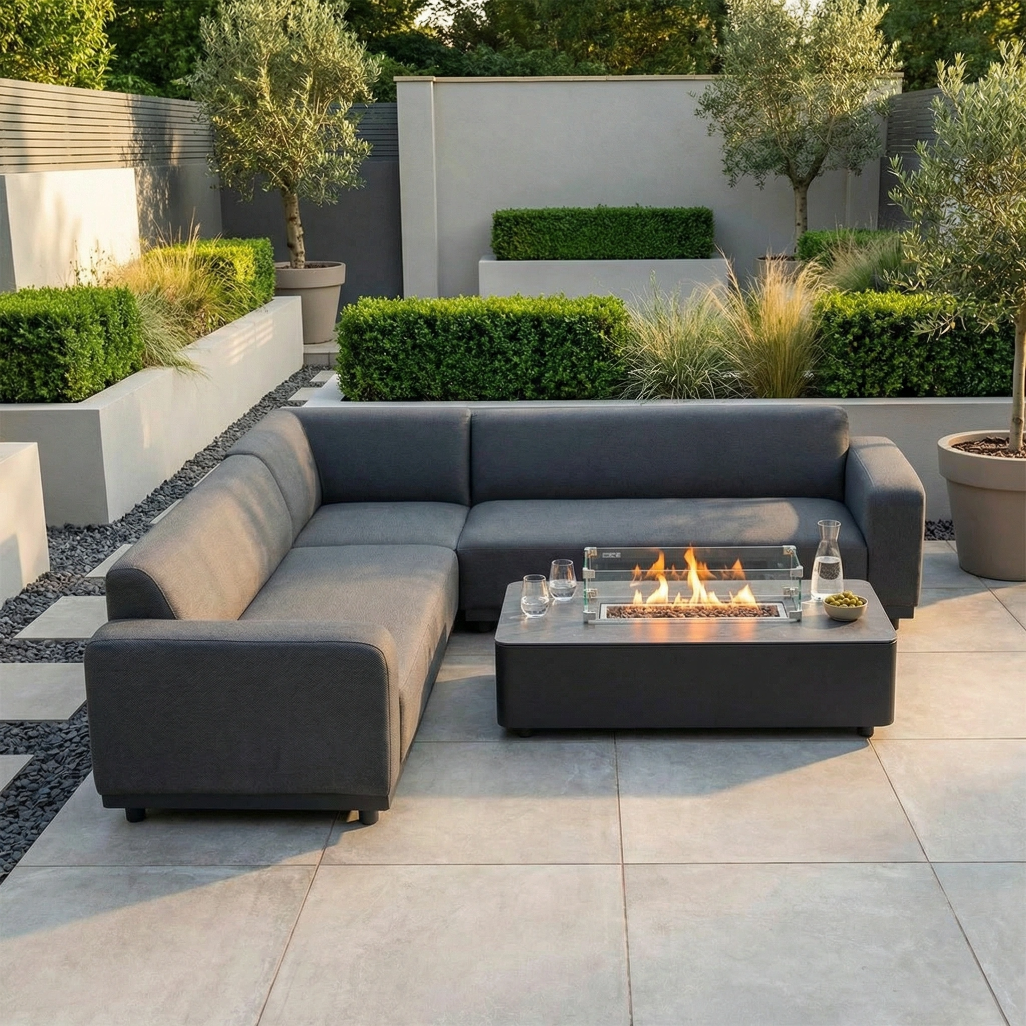 Modern patio featuring the Luna Outdoor Fabric Corner Sofa Set with Firepit Coffee Table in Grey, surrounded by greenery and potted plants.