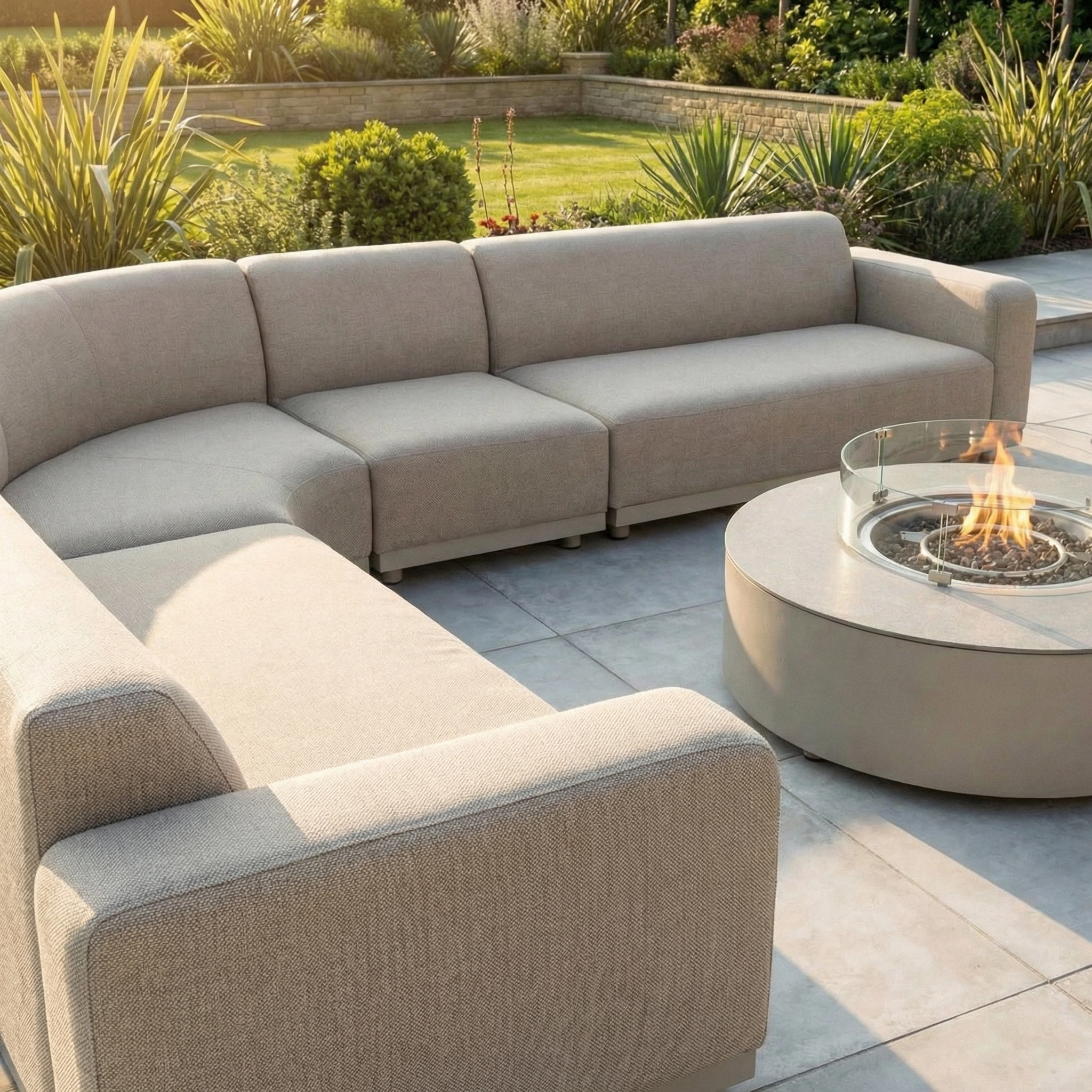 The Luna Outdoor Fabric Large Curved Corner Group Set in Fawn features a round firepit coffee table, making it perfect for relaxing in a lush garden setting.