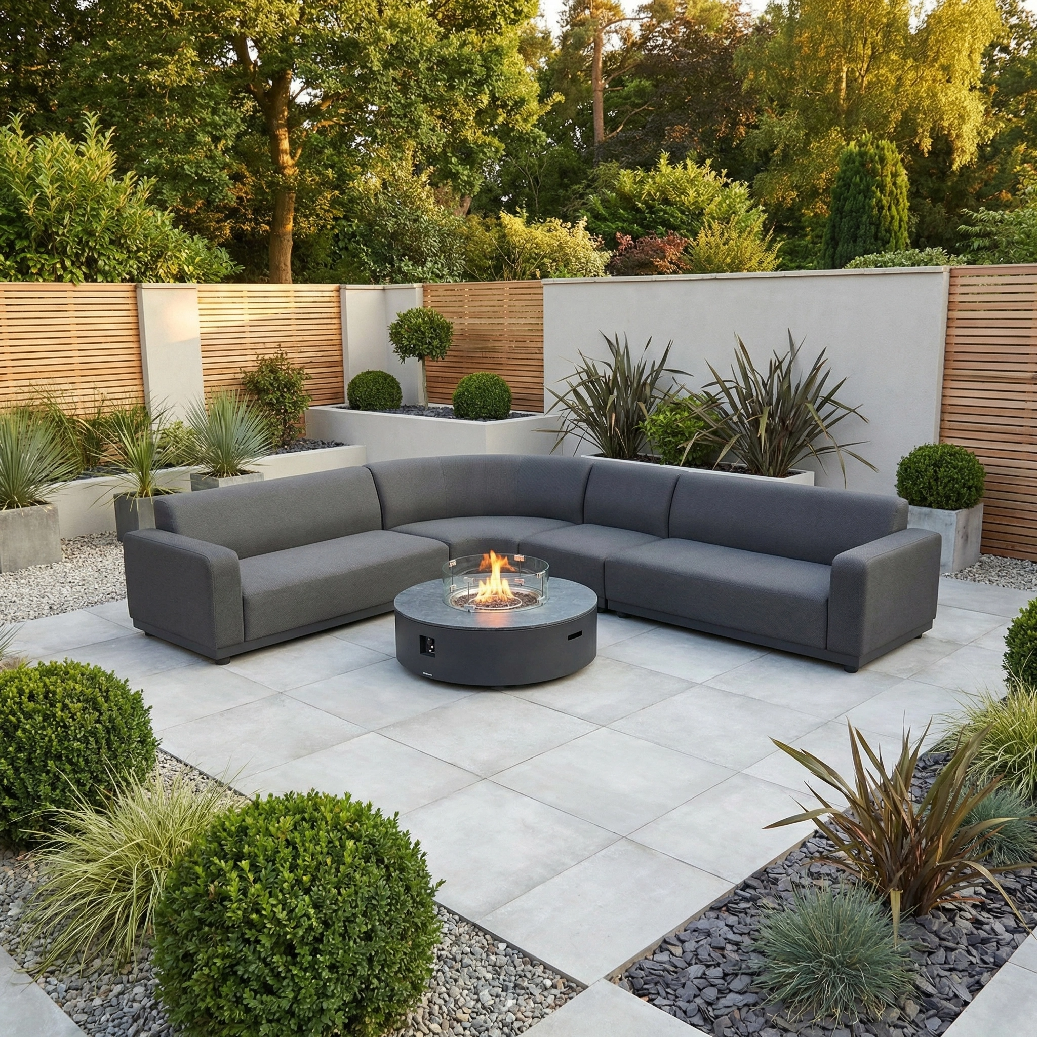 Modern outdoor patio with a Luna Outdoor Fabric Large Curved Corner Group Set with Round Firepit Coffee Table in Grey, quick-dry cushions, potted plants, and a wooden privacy fence.