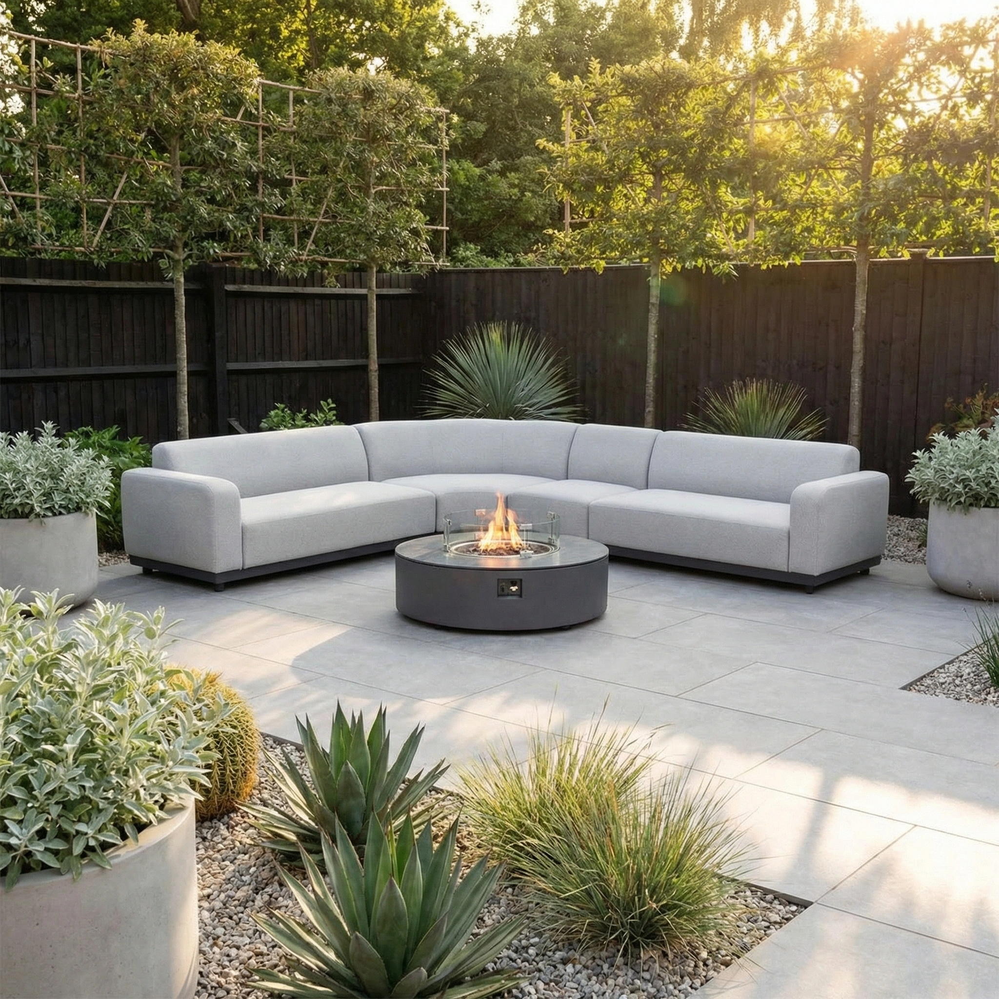 The Luna Outdoor Fabric Large Curved Corner Group Set with Round Firepit Coffee Table in Oyster Grey offers stylish all-weather seating and a fire feature, perfect for enhancing your modern backyard patio.