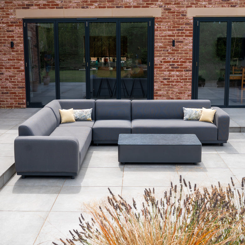 Luna Outdoor Fabric Large Corner Group Set with Coffee Table in Grey