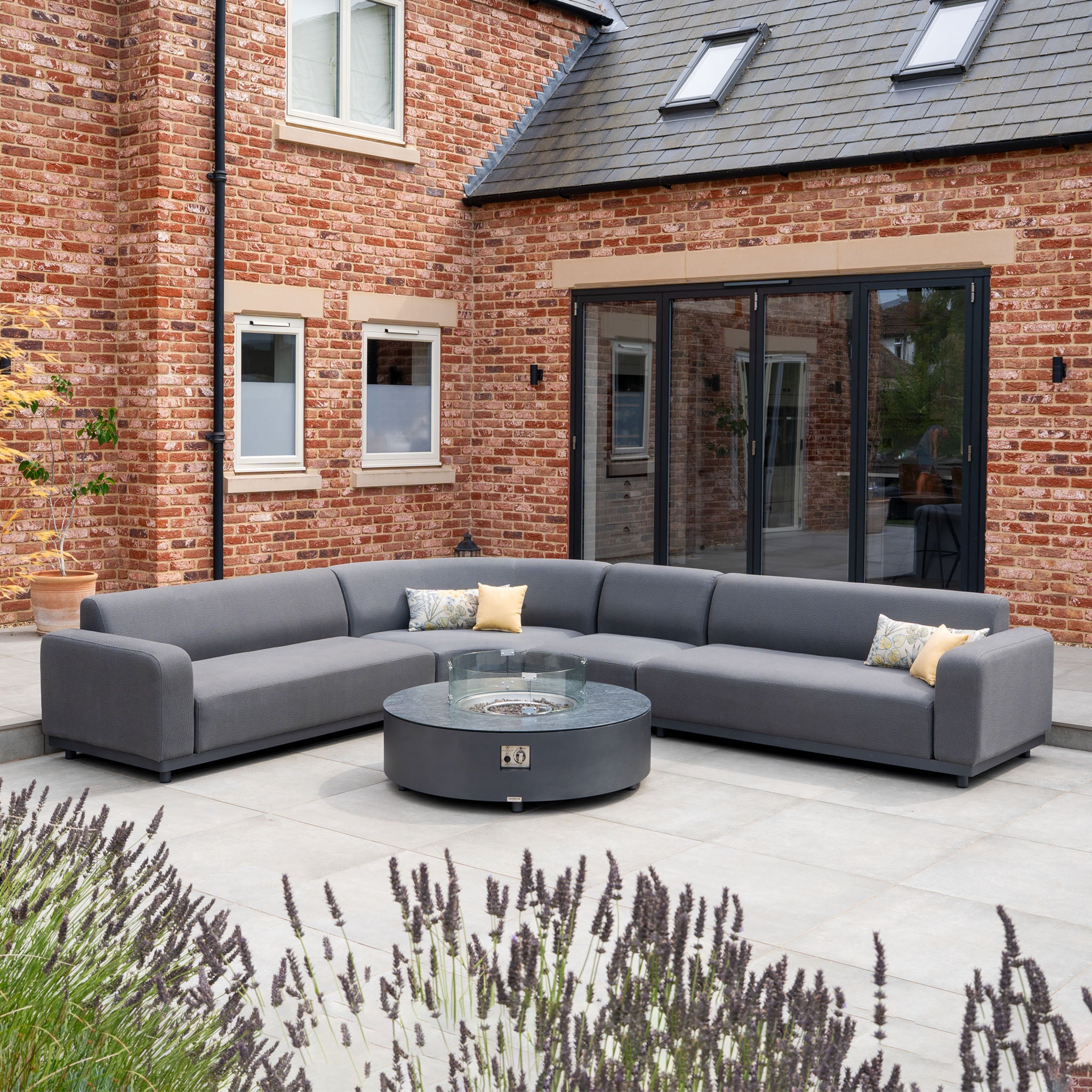 Luna Outdoor Fabric Large Curved Corner Group Set with Round Firepit Coffee Table in Grey