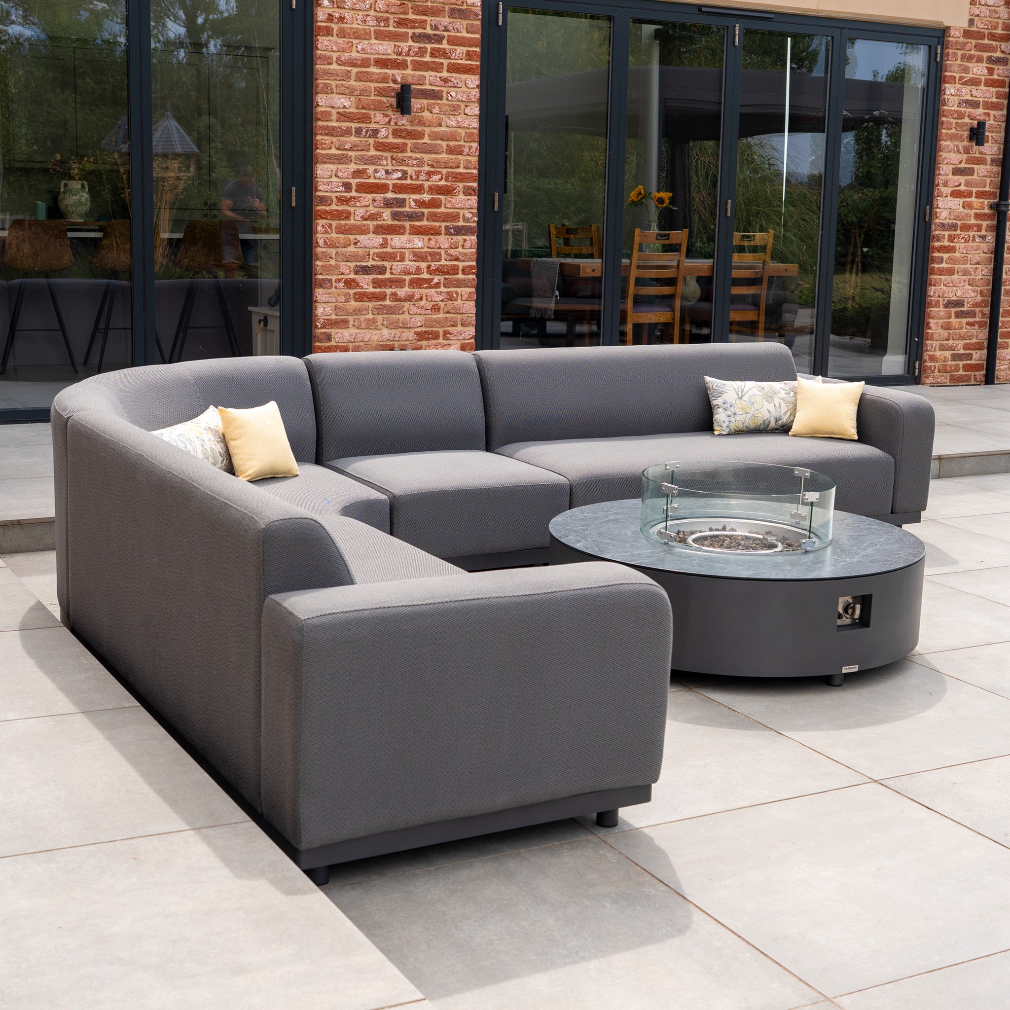Luna Outdoor Fabric Large Curved Corner Group Set with Round Firepit Coffee Table in Grey