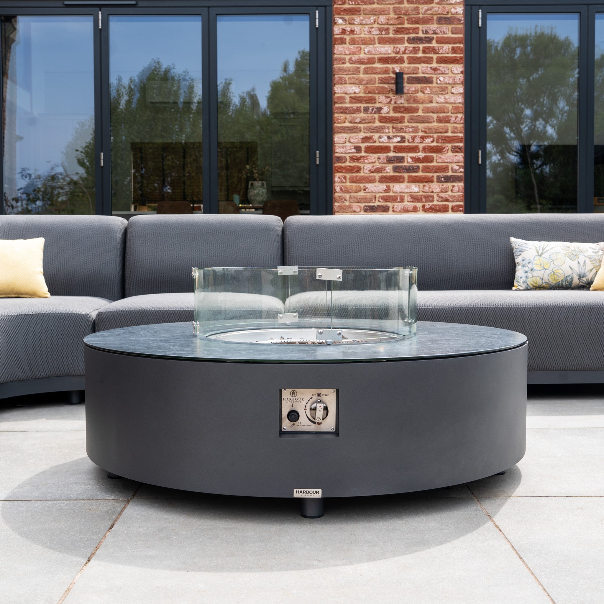 Luna Outdoor Fabric Large Curved Corner Group Set with Round Firepit Coffee Table in Grey