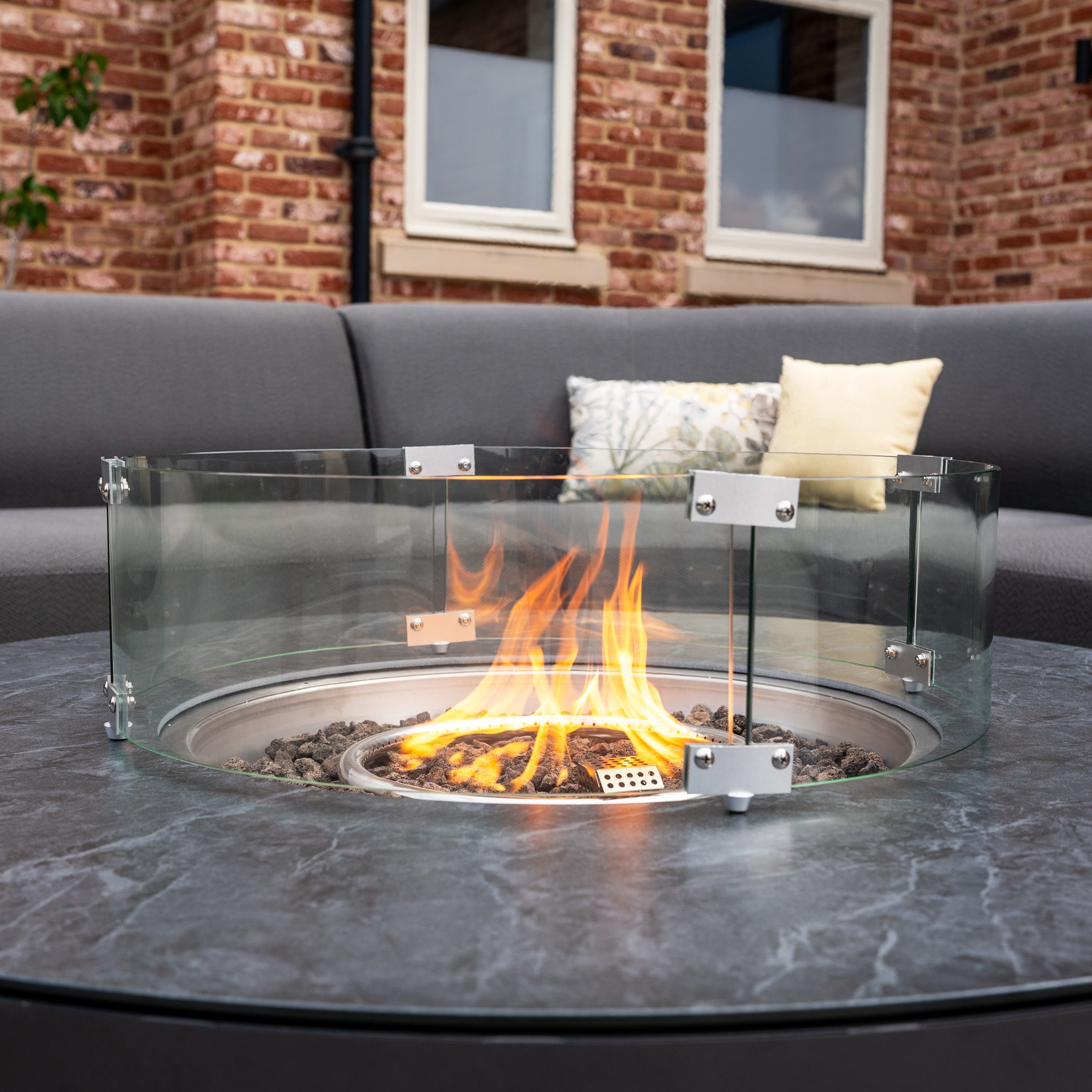 Luna Outdoor Fabric Large Curved Corner Group Set with Round Firepit Coffee Table in Grey