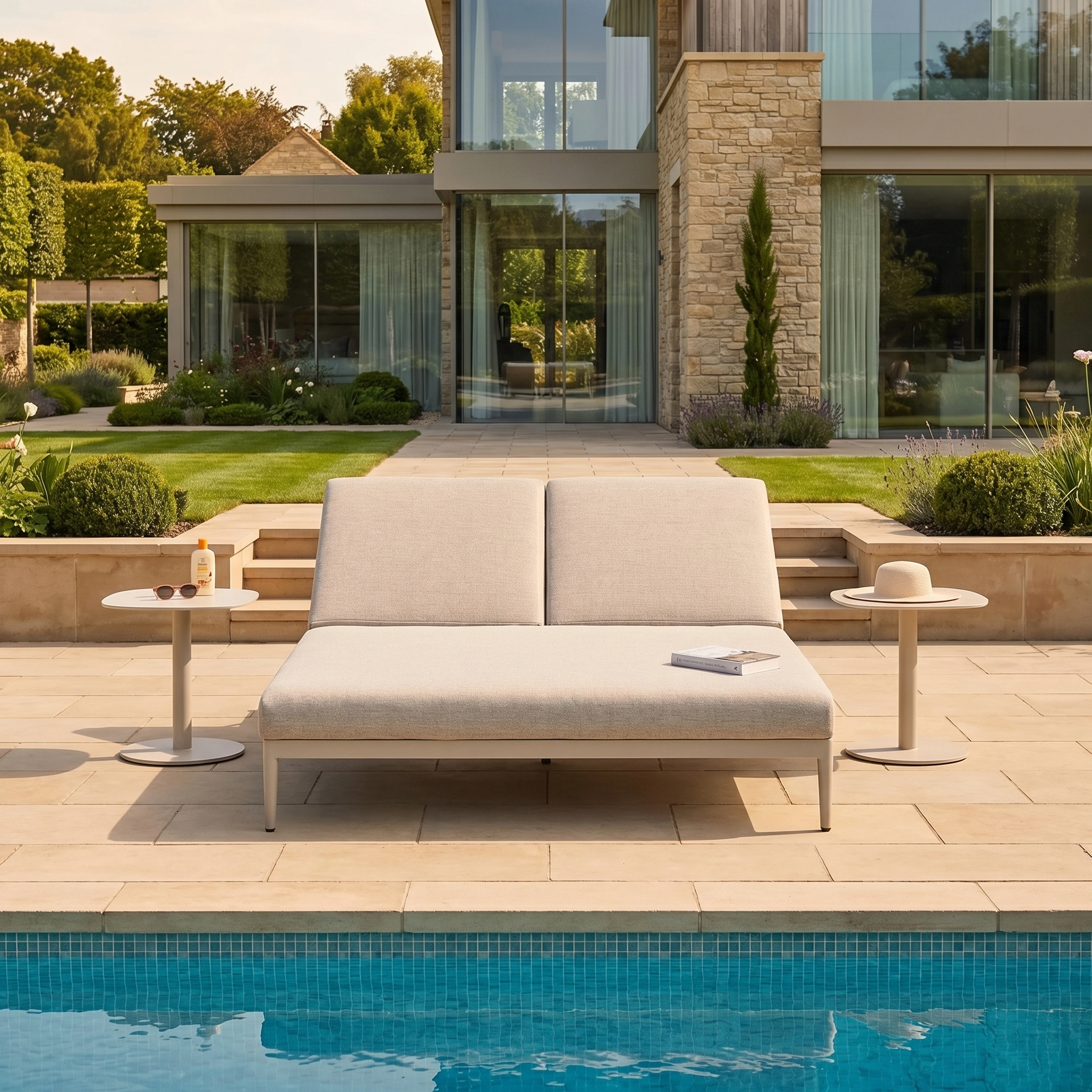 The Luna Outdoor Fabric Double Sun Lounger in Fawn, made from all-weather fabric and featuring side tables, is set by a pool in front of a modern glass house.