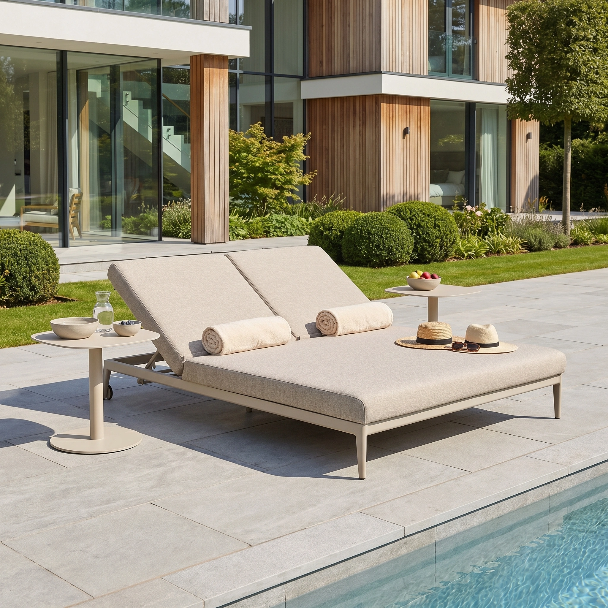 The Luna Side Table in Latte (45cm x 45cm) sits poolside by a modern house, paired with outdoor lounge chairs. This weatherproof table, designed for lasting comfort outdoors, blends with all-weather fabrics and lush greenery.