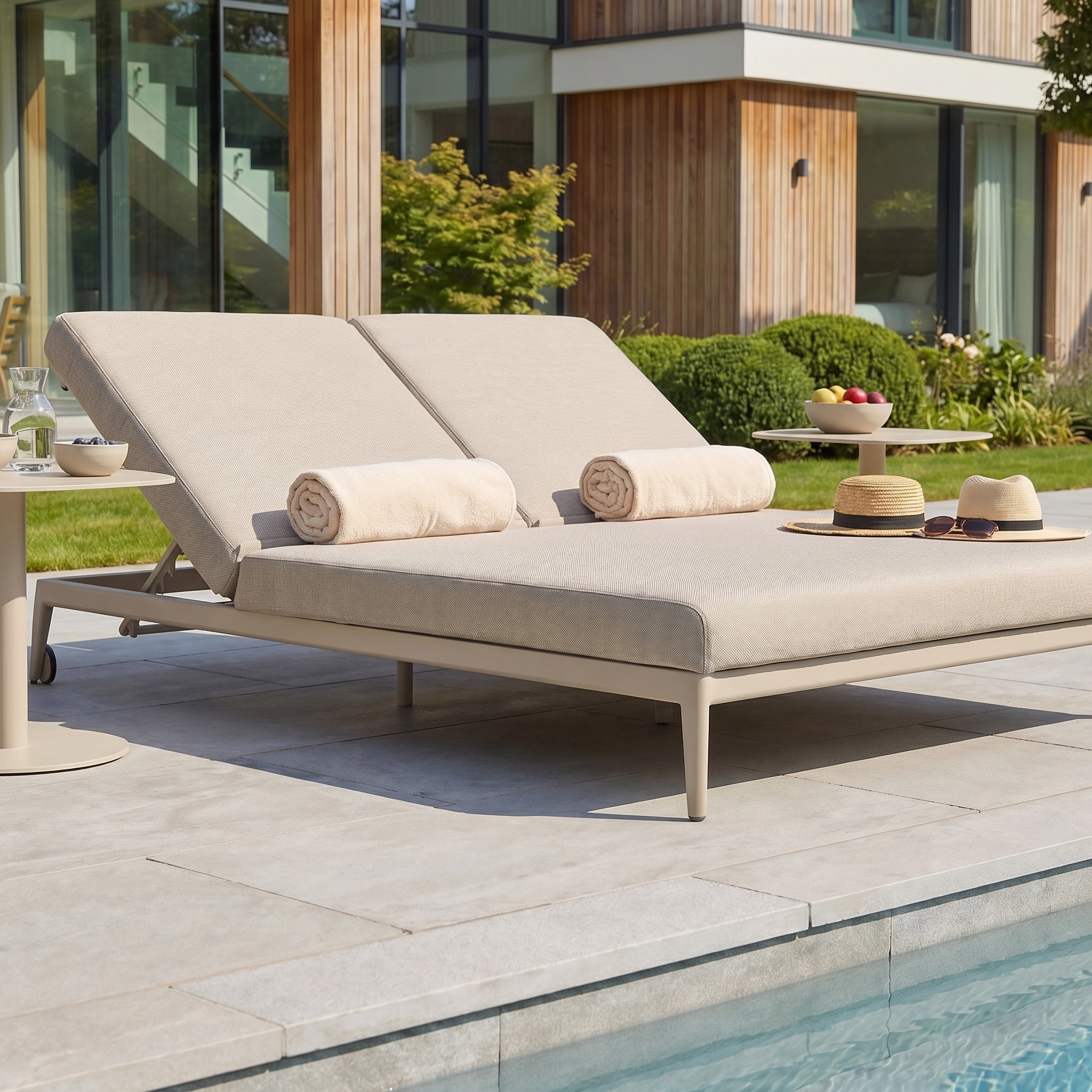 The Luna Outdoor Fabric Double Sun Lounger in Fawn, set beside a modern house and pool, features rolled towels and durable all-weather material for stylish outdoor comfort.