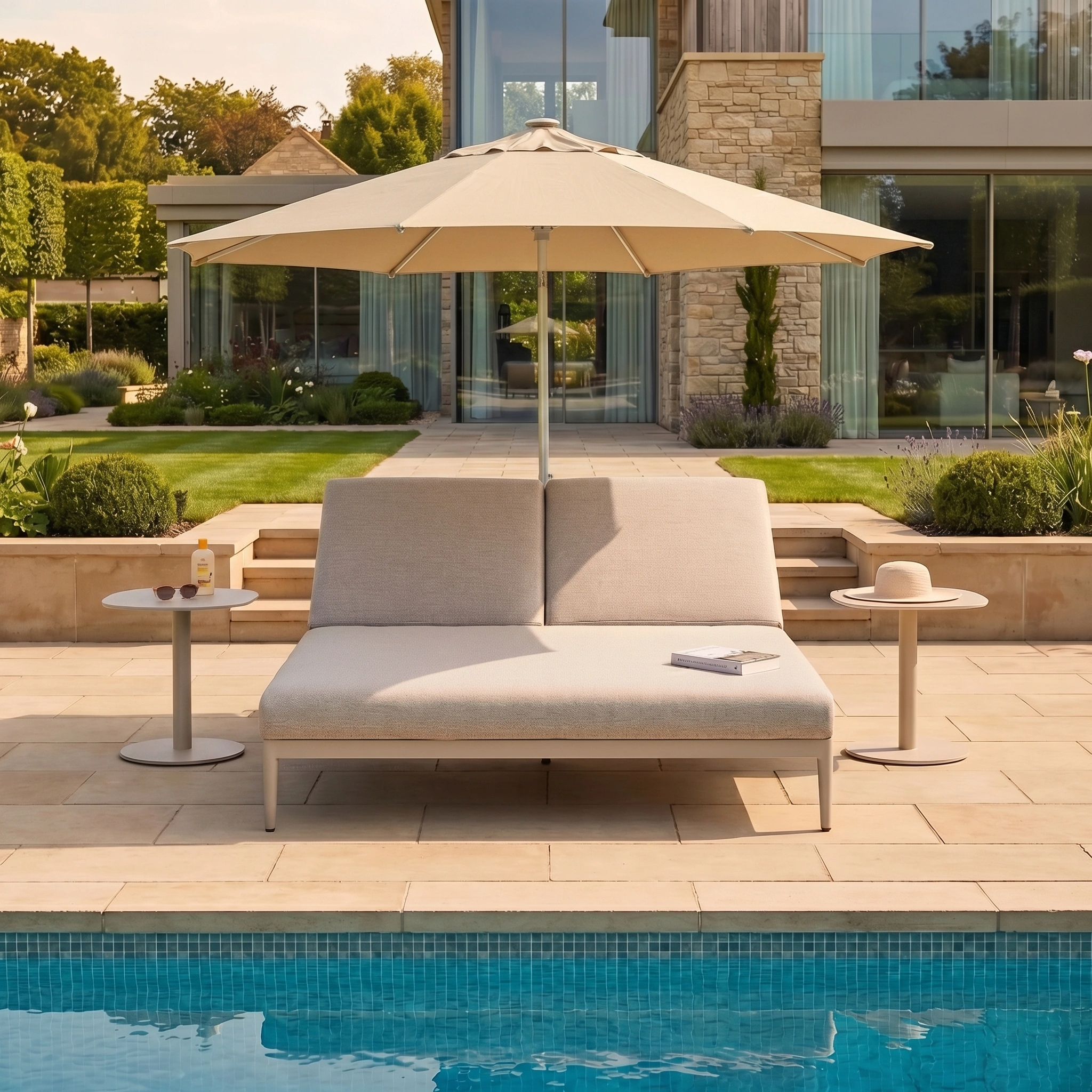 The Luna Outdoor Fabric Double Sun Lounger in Fawn, made from all-weather materials, sits by the pool with an umbrella and small tables in front of a modern house.