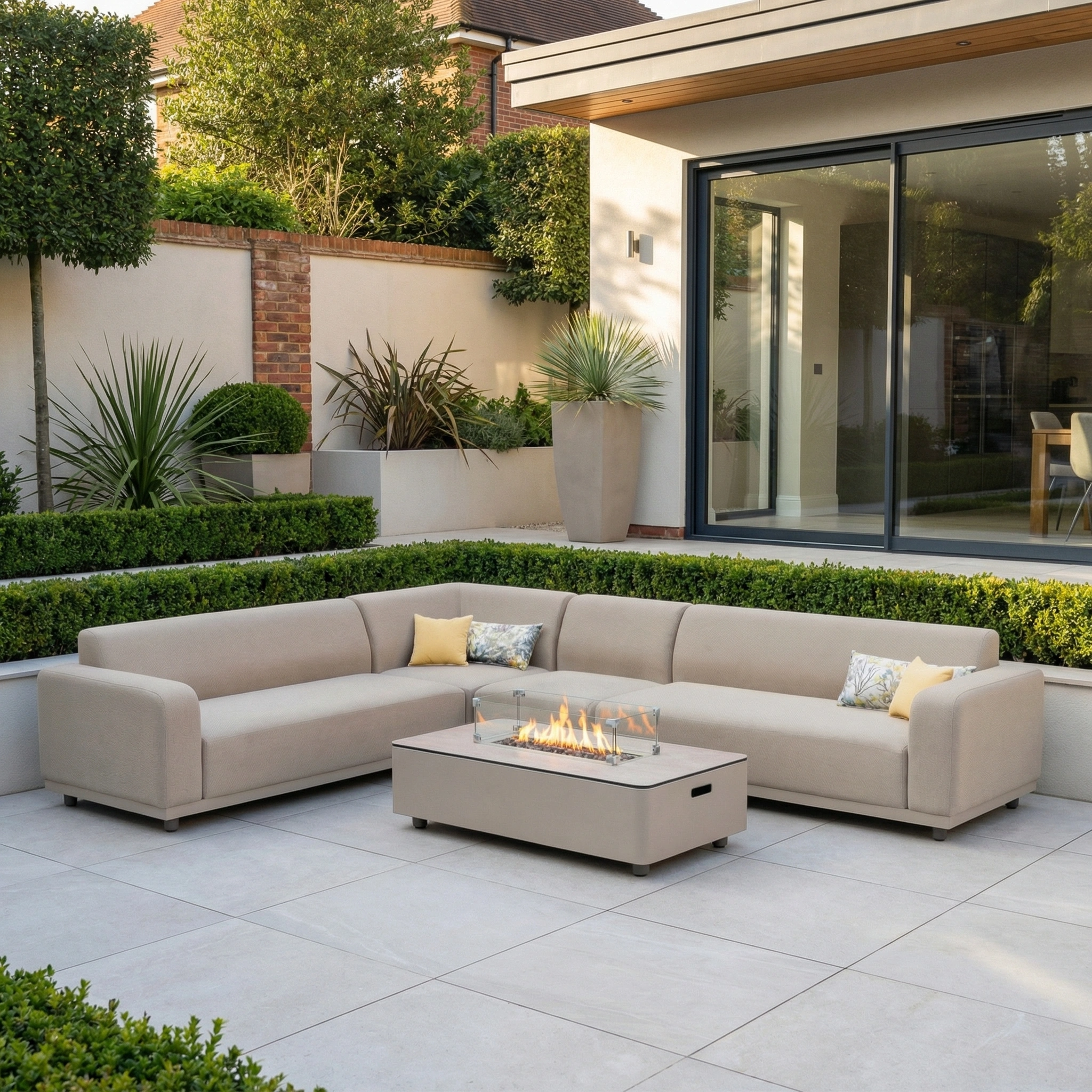 A modern patio with the Luna Outdoor Fabric Large Corner Group Set in Fawn, featuring a firepit coffee table and surrounded by lush green plants in a landscaped garden.
