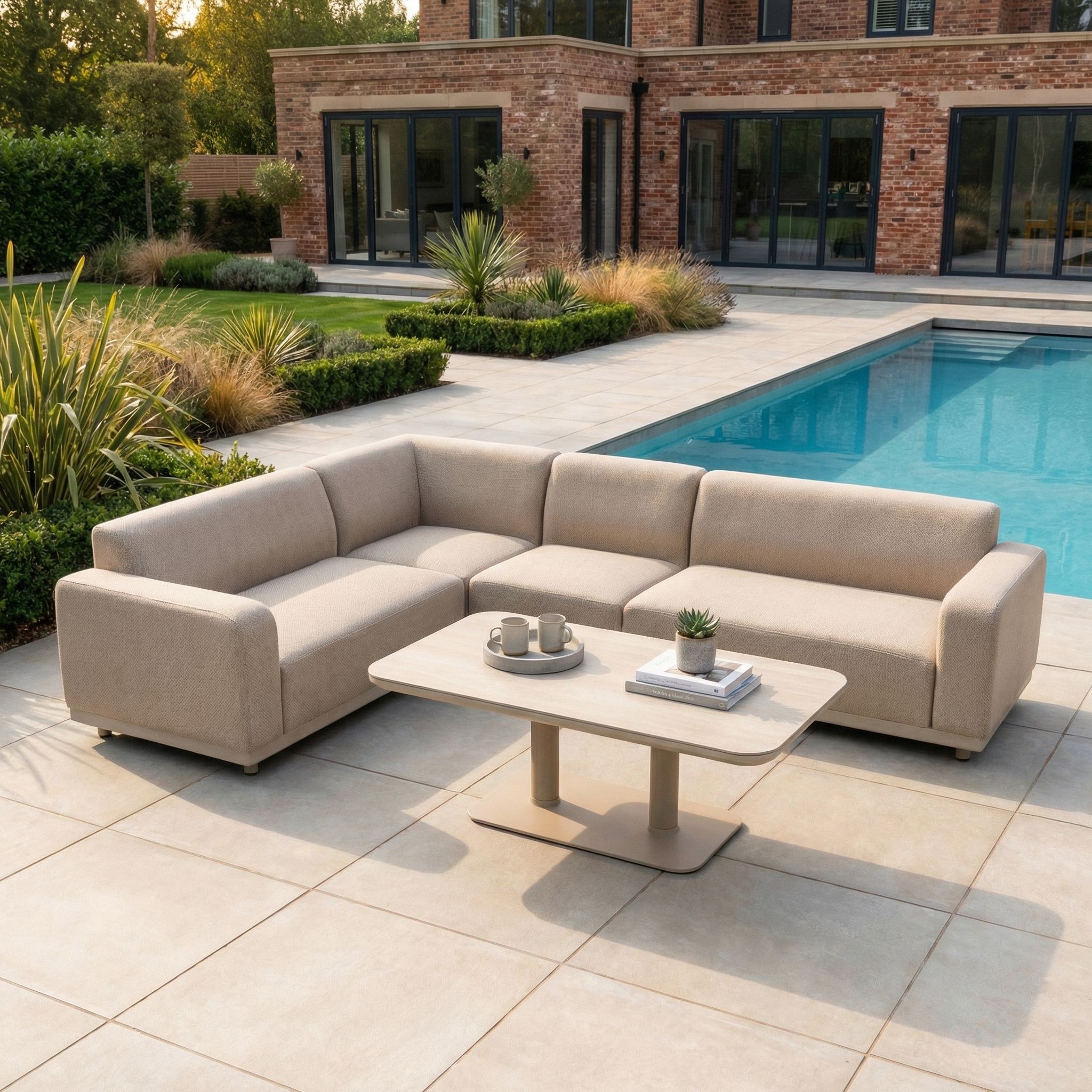 The Luna Outdoor Fabric Large Corner Sofa Set with Altura Rising Table in Fawn features stain-resistant fabric, shown poolside on a tiled patio with a brick house and greenery in the background.