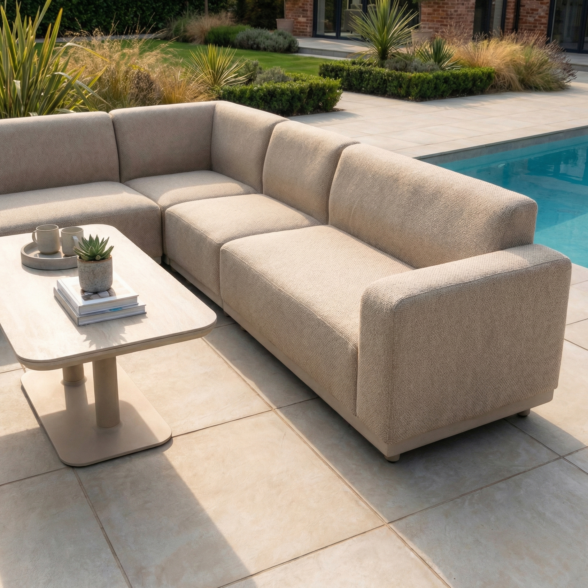 The Luna Outdoor Fabric Large Corner Sofa Set with Altura Rising Table in Fawn sits poolside, offering weather-resistant comfort. A nearby table holds a plant, books, and a tray with cups for convenient outdoor living.