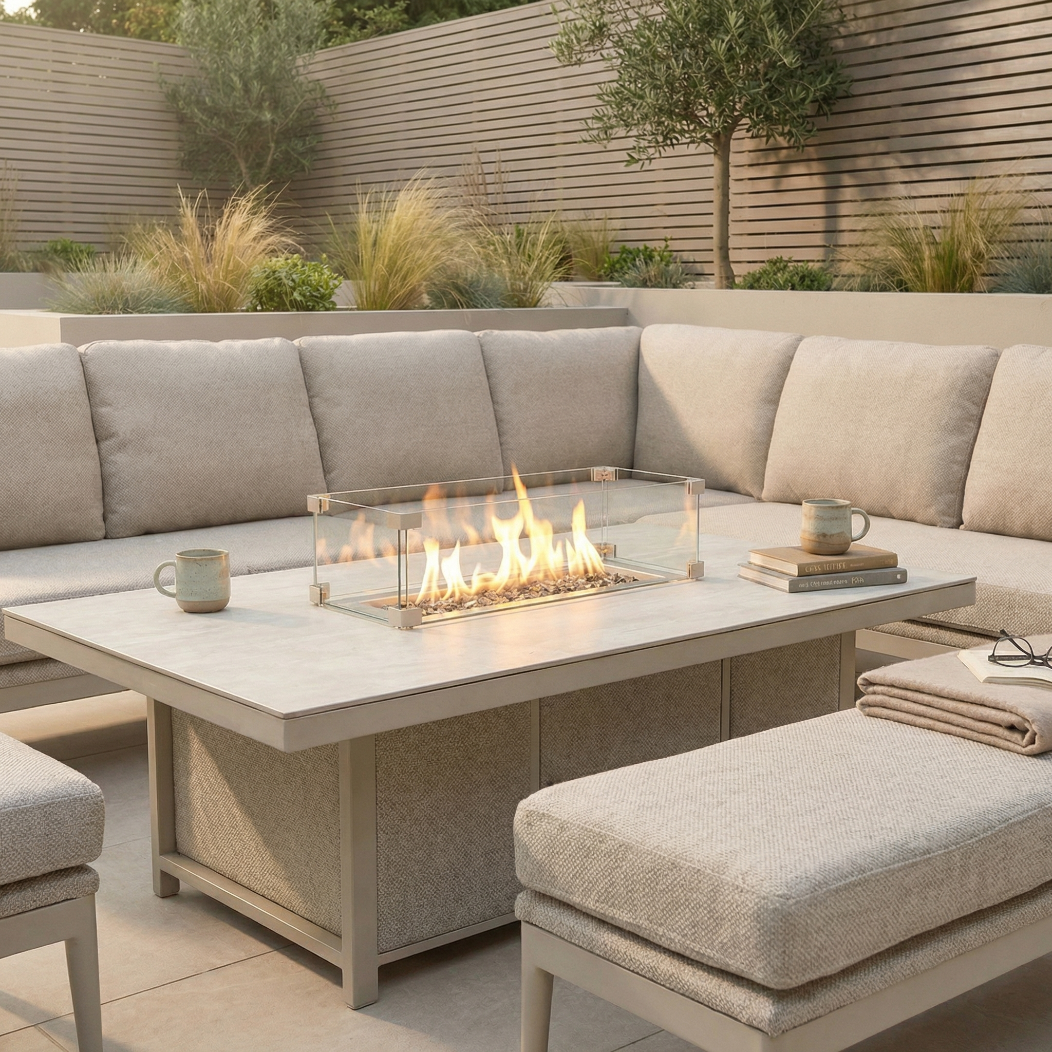 The Luna Outdoor Fabric Rectangular Corner Dining Set with Rising Firepit Table in Fawn (Right Hand) creates a cozy spot for dining with mugs and books, surrounded by greenery and privacy fencing.