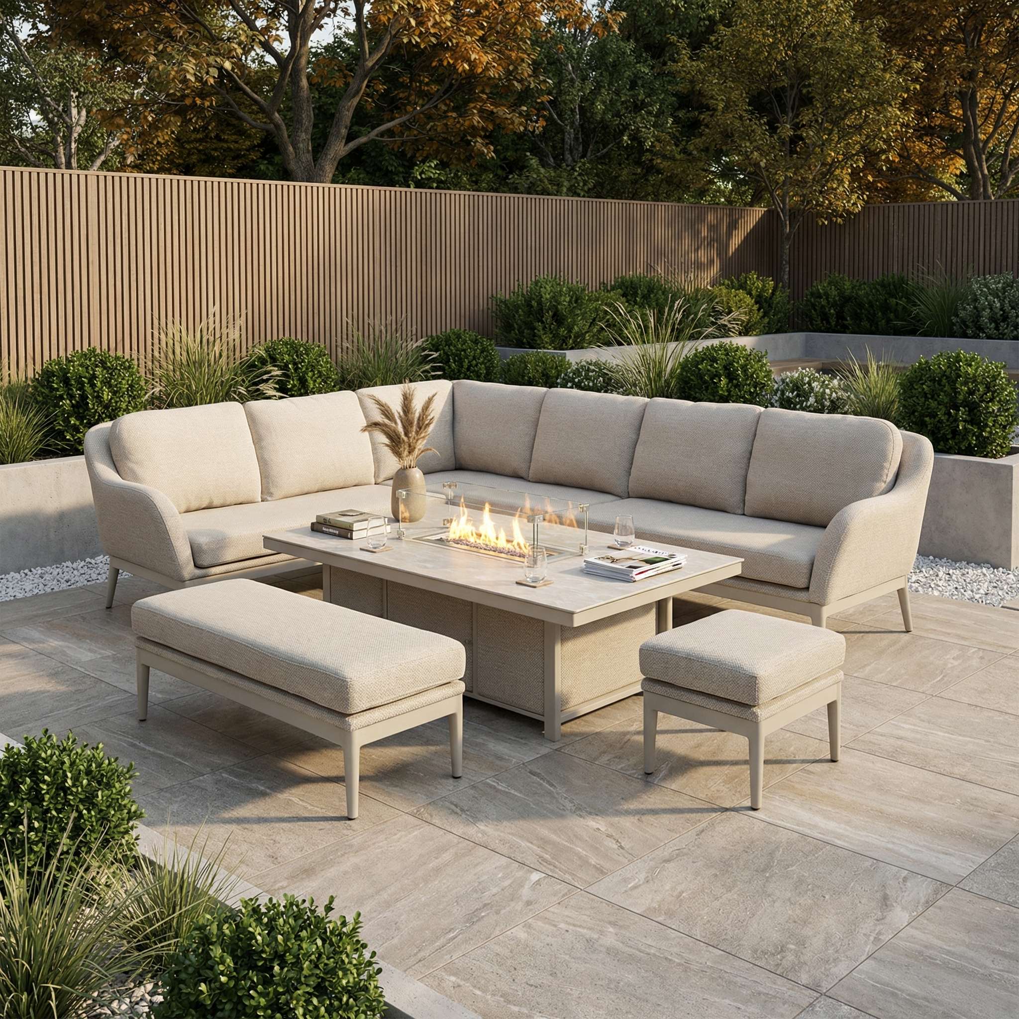 The Luna Outdoor Fabric Rectangular Corner Dining Set with Rising Firepit Table in Fawn (Left Hand) features beige cushions and weather-resistant benches, set amid lush plants and trees for a stylish outdoor oasis.