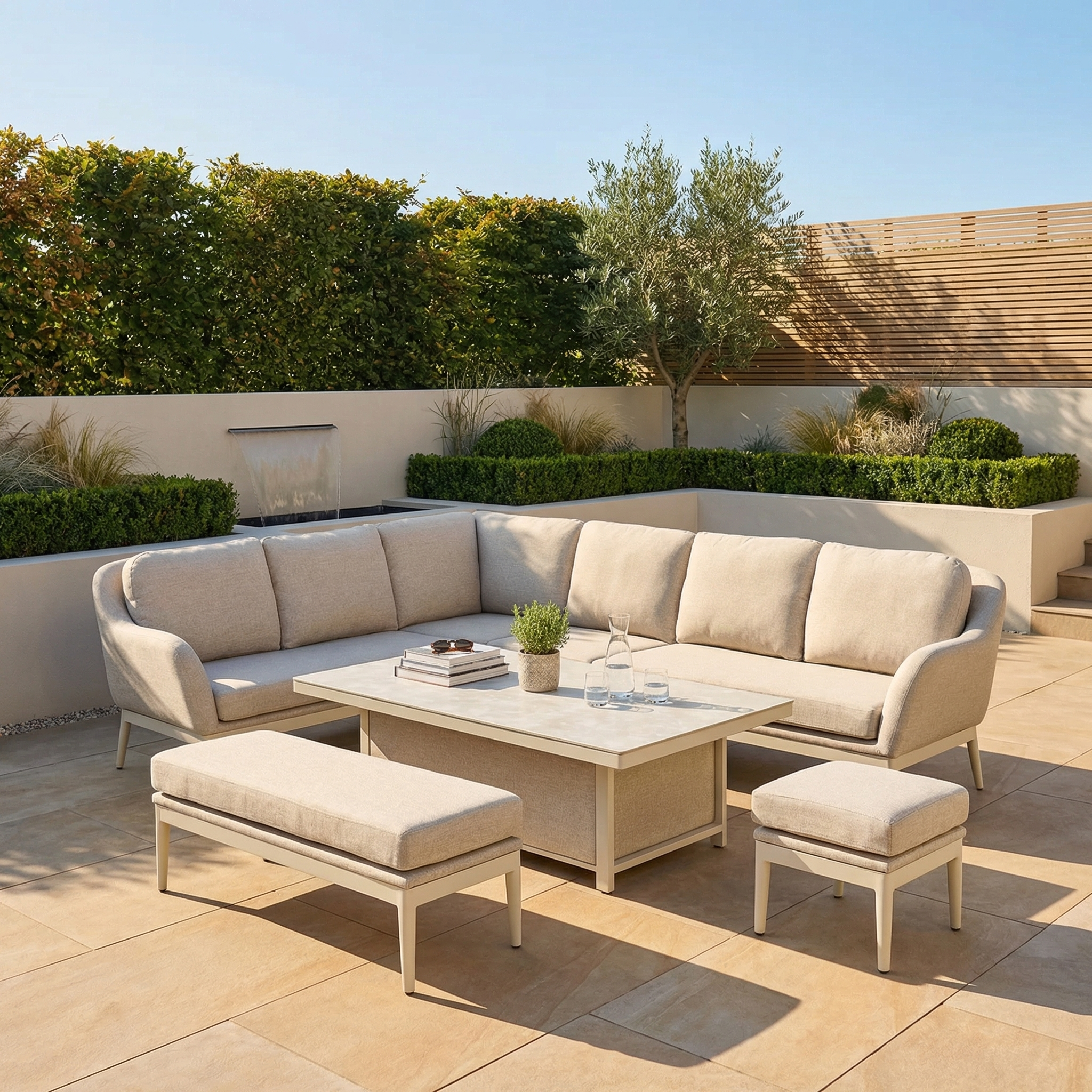 The Luna Outdoor Fabric Rectangular Corner Dining Set with Rising Table in Fawn (Left Hand) offers lasting comfort and style for your modern patio, featuring all-weather material and versatile seating with a bench and ottoman.