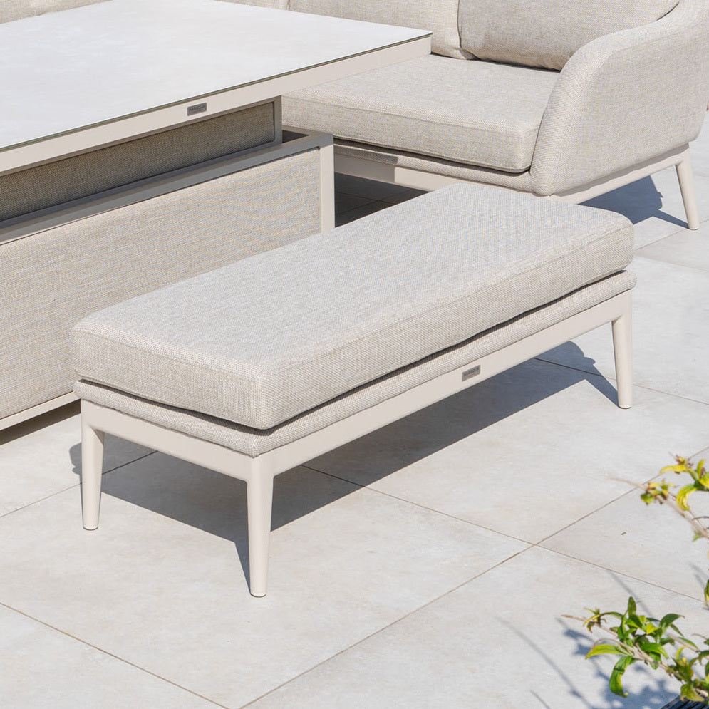 The Luna Bench in Fawn is an all-weather bench with cushion, ideal for outdoor seating on your tiled patio alongside a matching table and sofa.