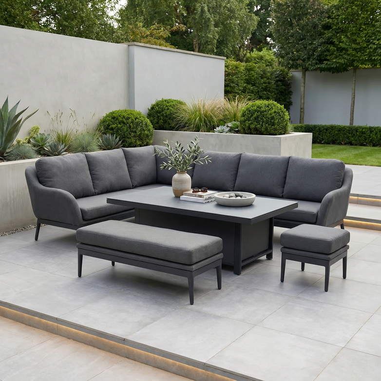 Modern Luna Outdoor Fabric Rectangular Corner Dining Set with Rising Table in Grey (Left Hand), perfect for patios, features comfortable cushions and a versatile table ideal for outdoor dining in style.