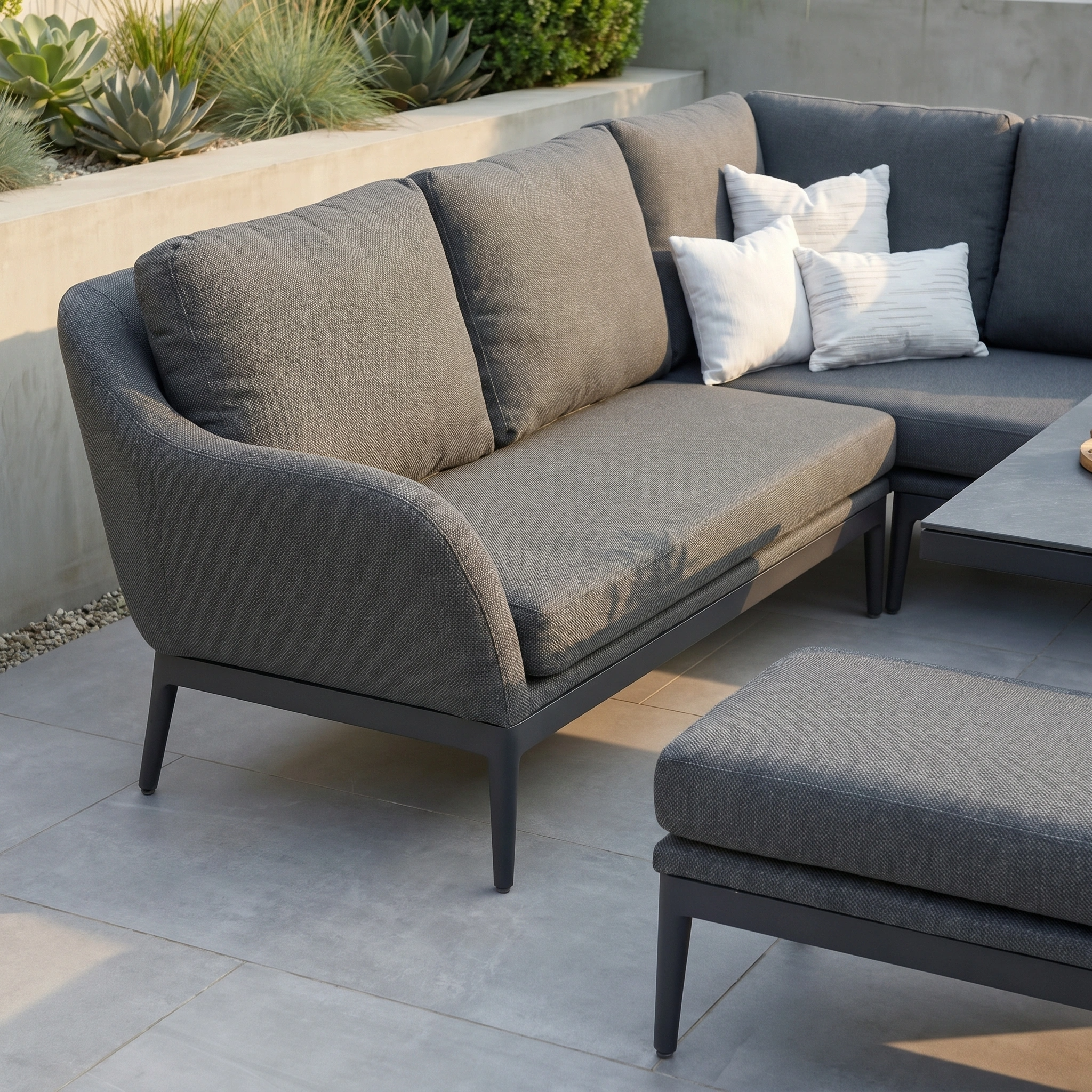 The Luna Outdoor Fabric Rectangular Corner Dining Set with Rising Table in Grey (Left Hand) features durable Luna fabric, comfy seating, and a sleek patio look—ideal for pairing with your all-weather furniture or outdoor dining set.