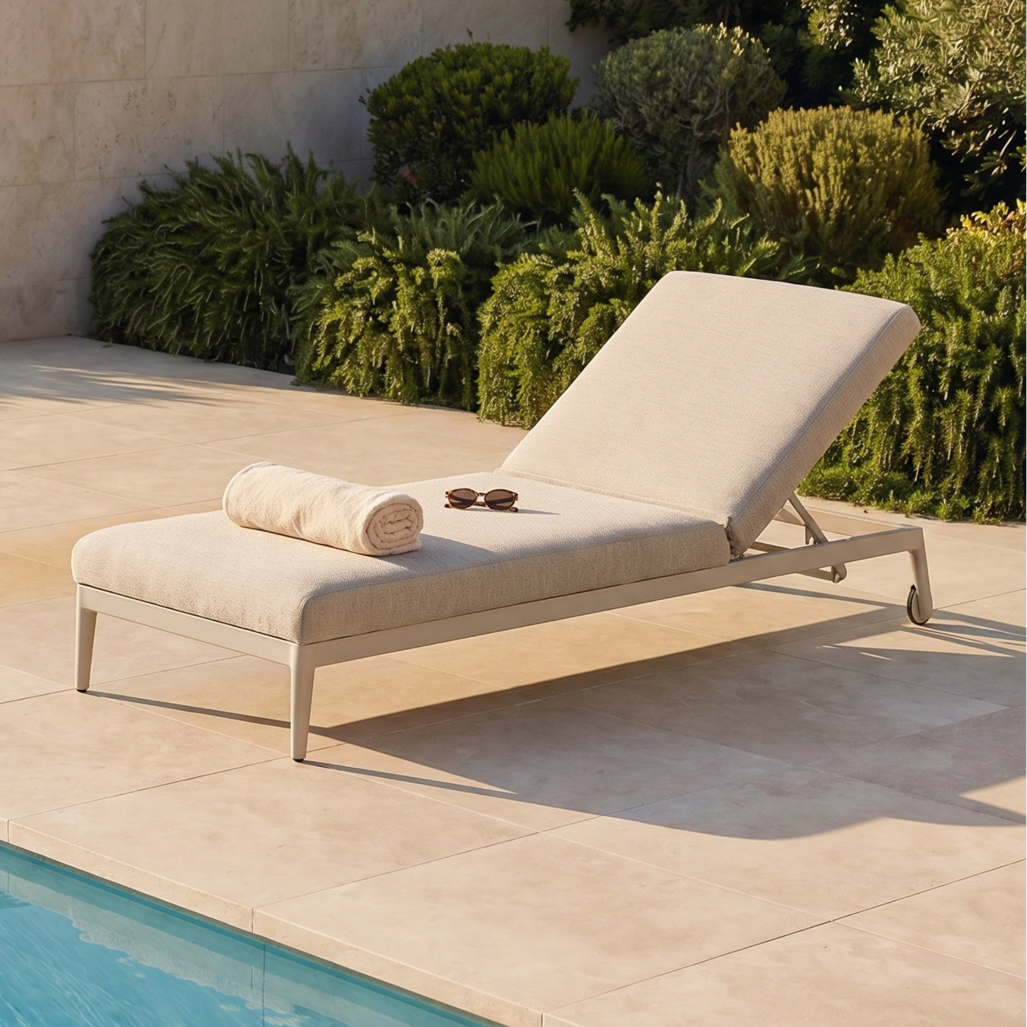 The Luna Outdoor Fabric Sun Lounger in Fawn, topped with a rolled towel and sunglasses, rests beside a clear blue pool.