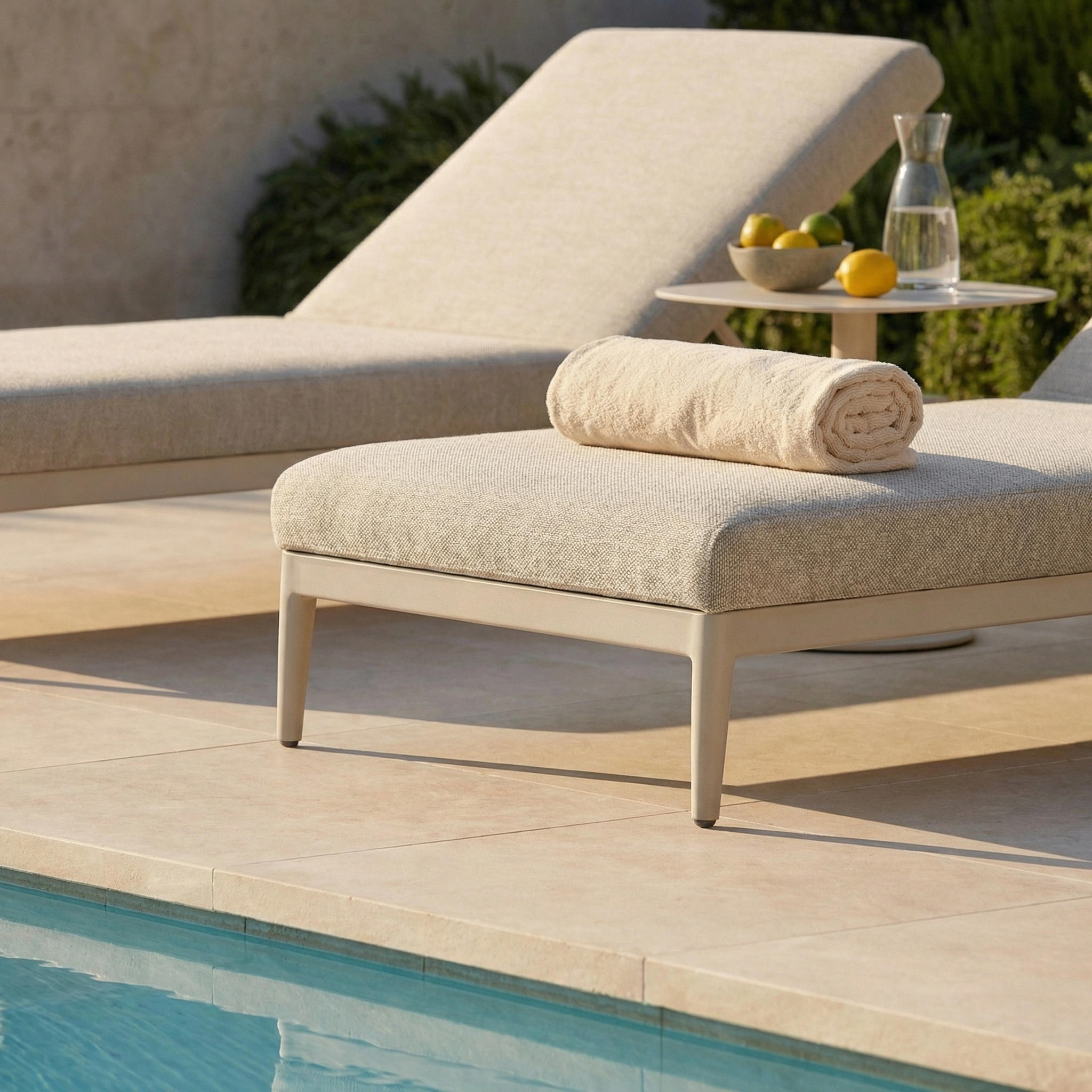 The Luna Outdoor Fabric Sun Lounger in Fawn, crafted with all-weather materials, is shown with a rolled towel, a table with lemons, and water beside a clear swimming pool.