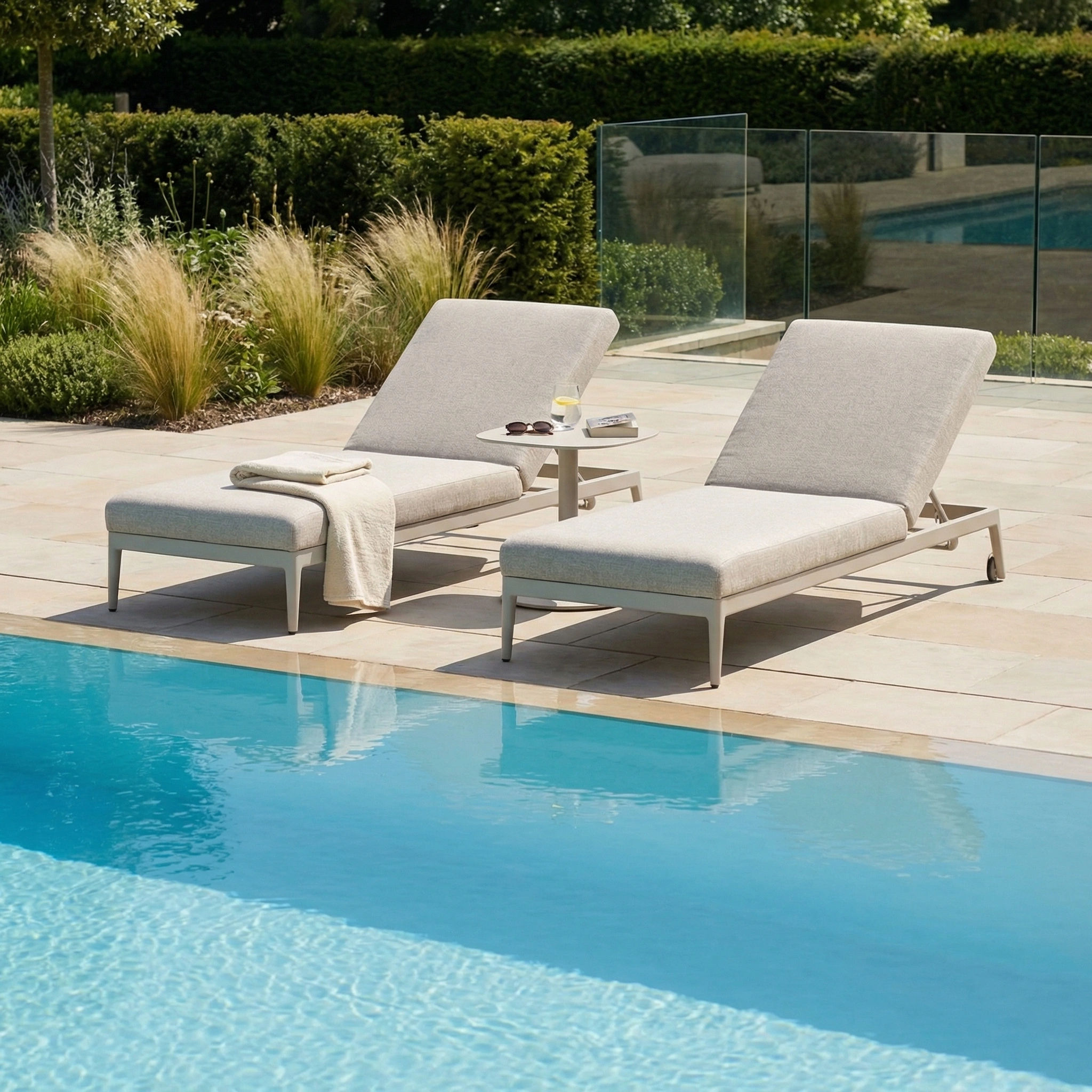 Two Luna Outdoor Fabric Sun Loungers in Fawn, made with all-weather material, sit poolside beside a side table with drinks and snacks, as a towel rests on one lounger.