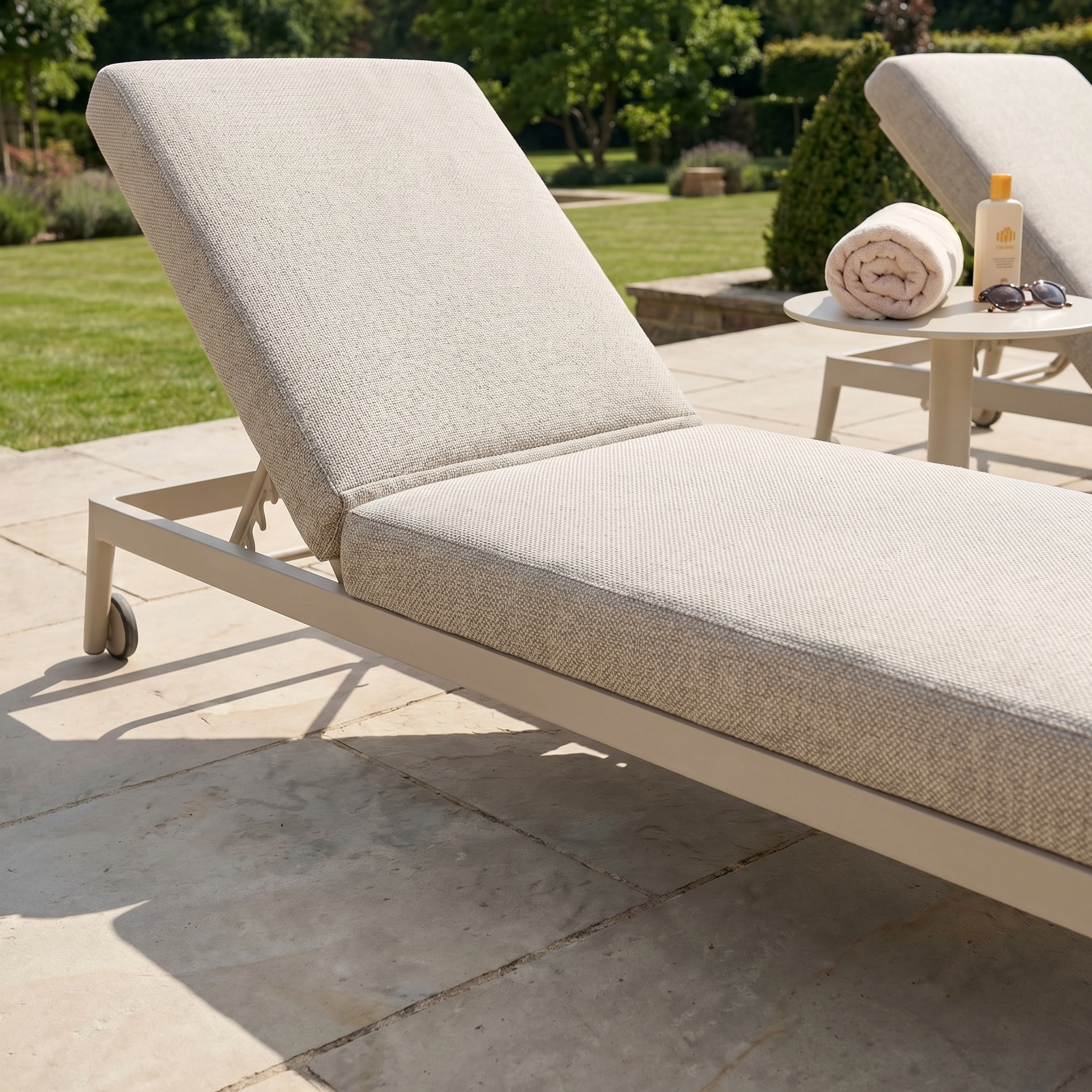 Luna Outdoor Fabric Sun Lounger in Fawn on a sunny patio, with towel and sunscreen on a side table and a garden view in the background.