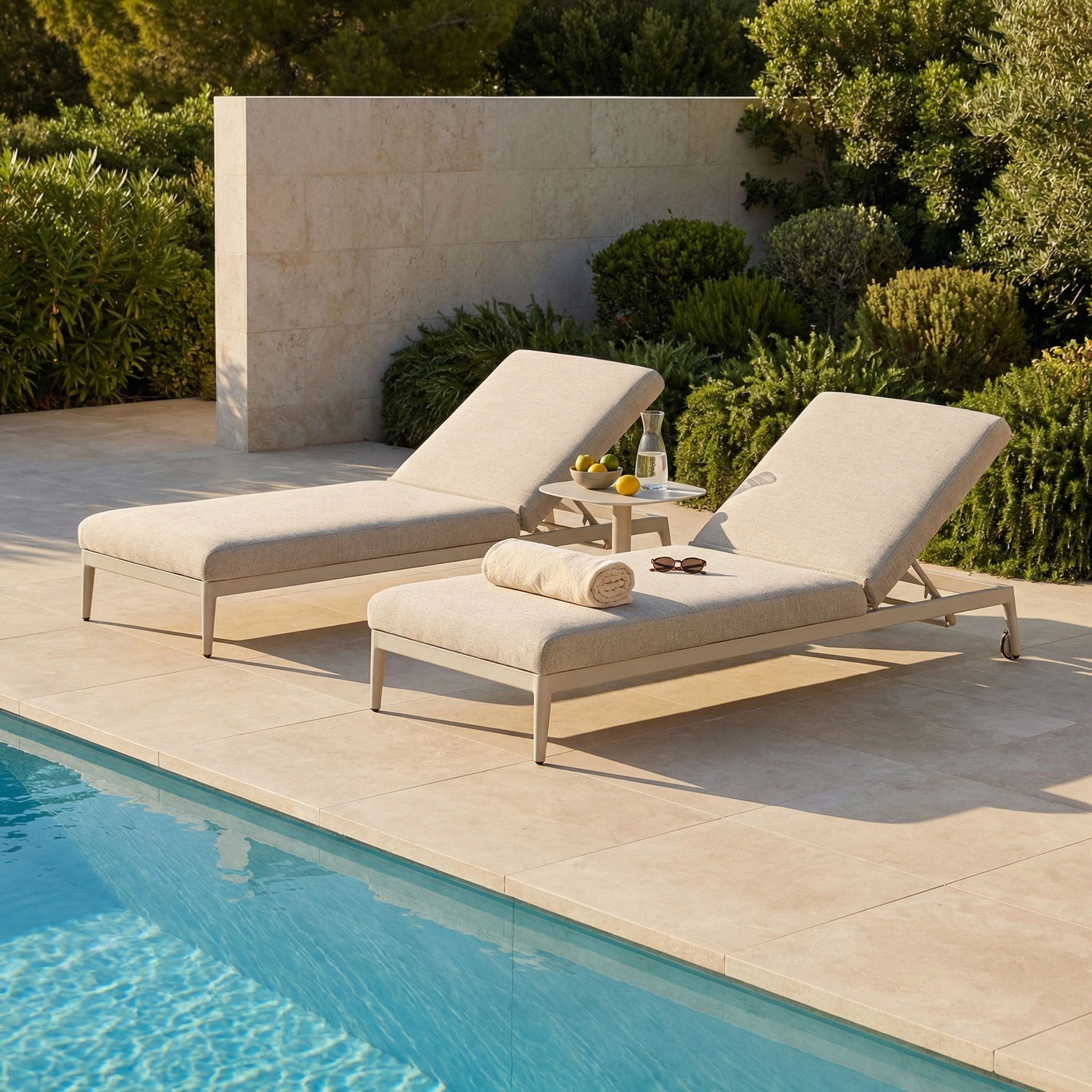 Two Luna Outdoor Fabric Sun Loungers in Fawn sit by a pool with a towel, drinks, and fruit on a small table, all made from all-weather material and surrounded by lush greenery.