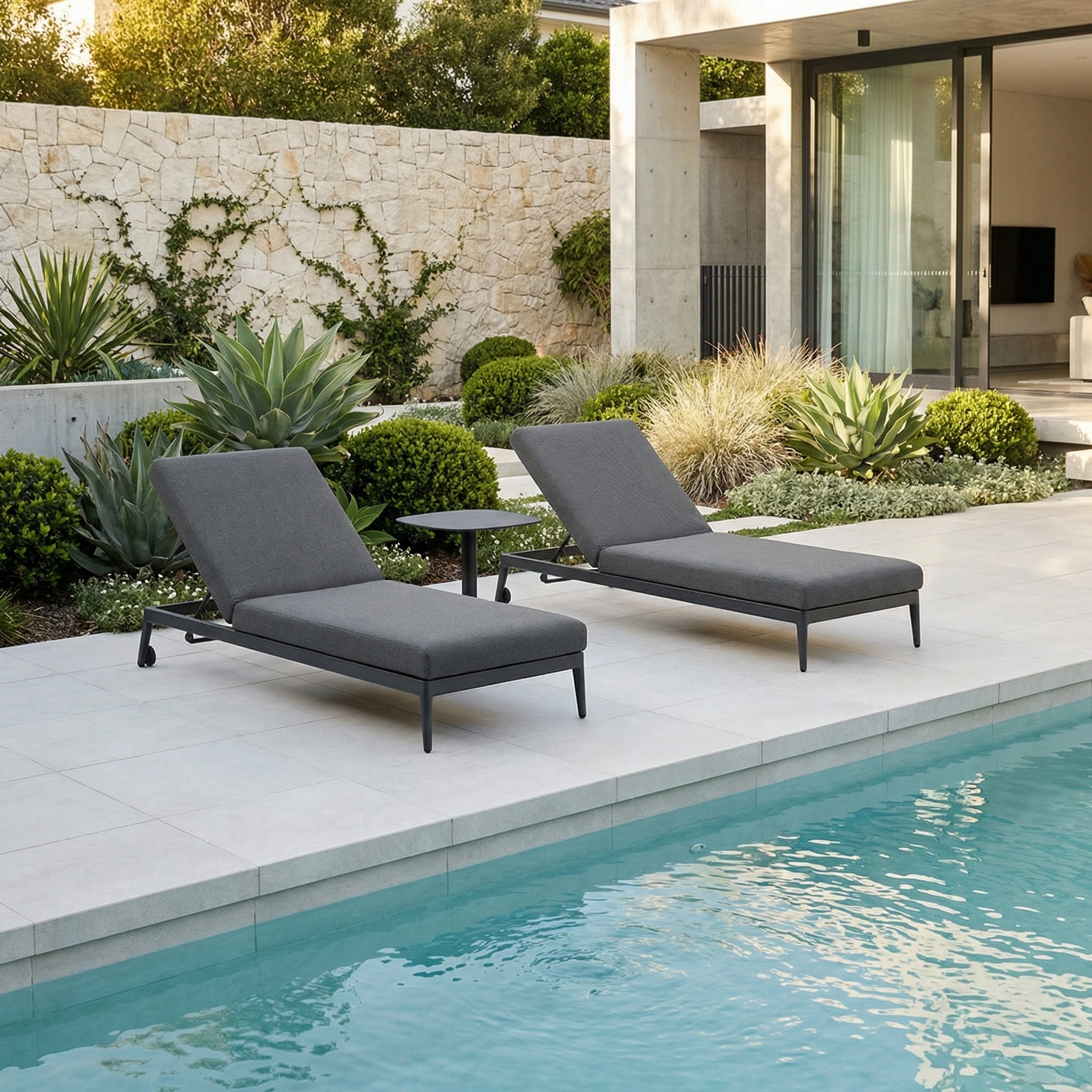 Two Luna Outdoor Fabric Sun Loungers in Grey (Ex Display) sit poolside, crafted from all-weather material, and surrounded by modern landscaping with a contemporary house.