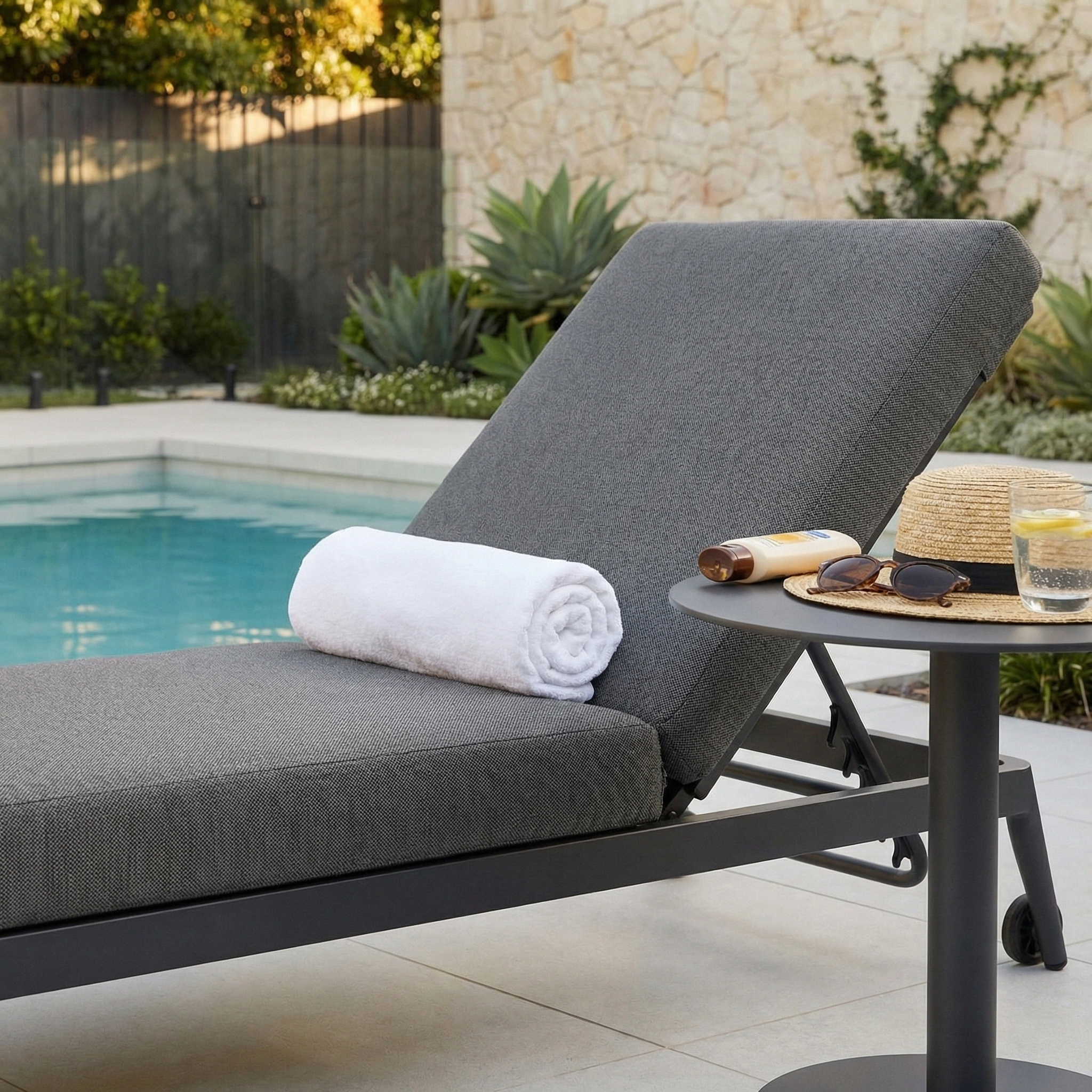 A Luna Outdoor Fabric Sun Lounger in Grey (Ex Display) rests poolside with a rolled towel nearby, while a table holds a drink, hat, and sunglasses.