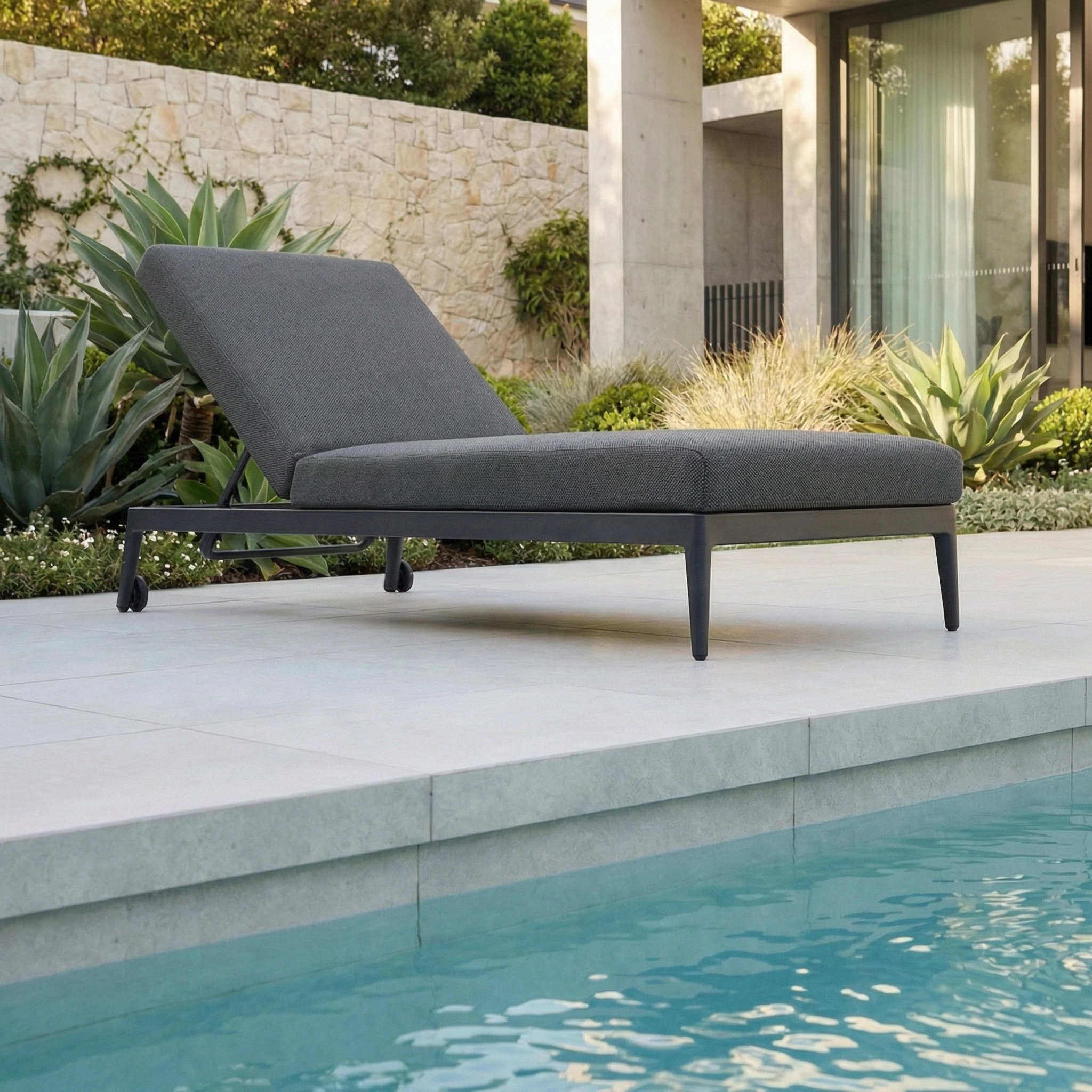 A Luna Outdoor Fabric Sun Lounger in Grey (Ex Display) sits poolside on a stone patio, made from all-weather fabric and positioned amid lush greenery and modern architecture.