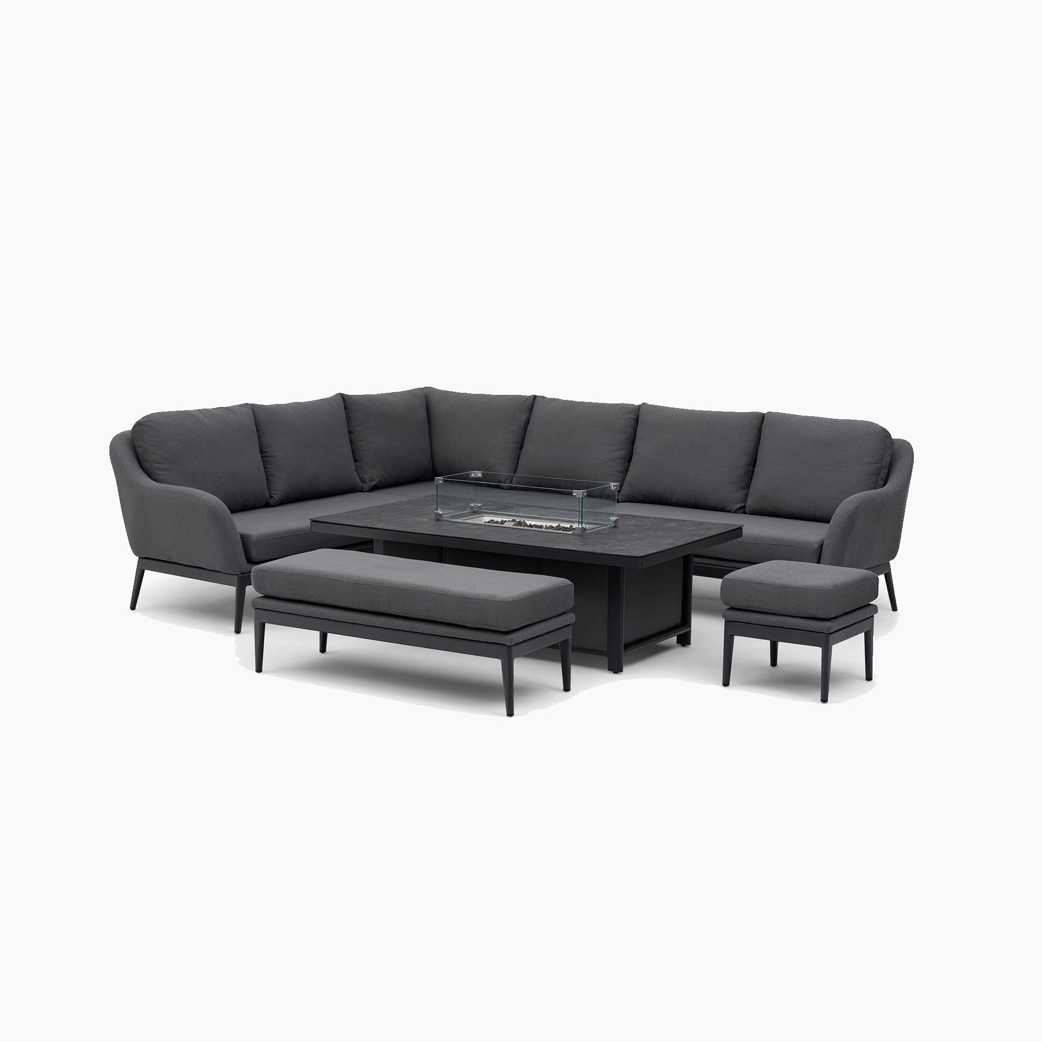 A modern gray Luna Outdoor Fabric Rectangular Corner Dining Set with a stylish rising firepit table for cozy gatherings, featuring black legs. Perfectly paired with an ottoman and coffee table, this left-hand configuration provides both comfort and elegance.
